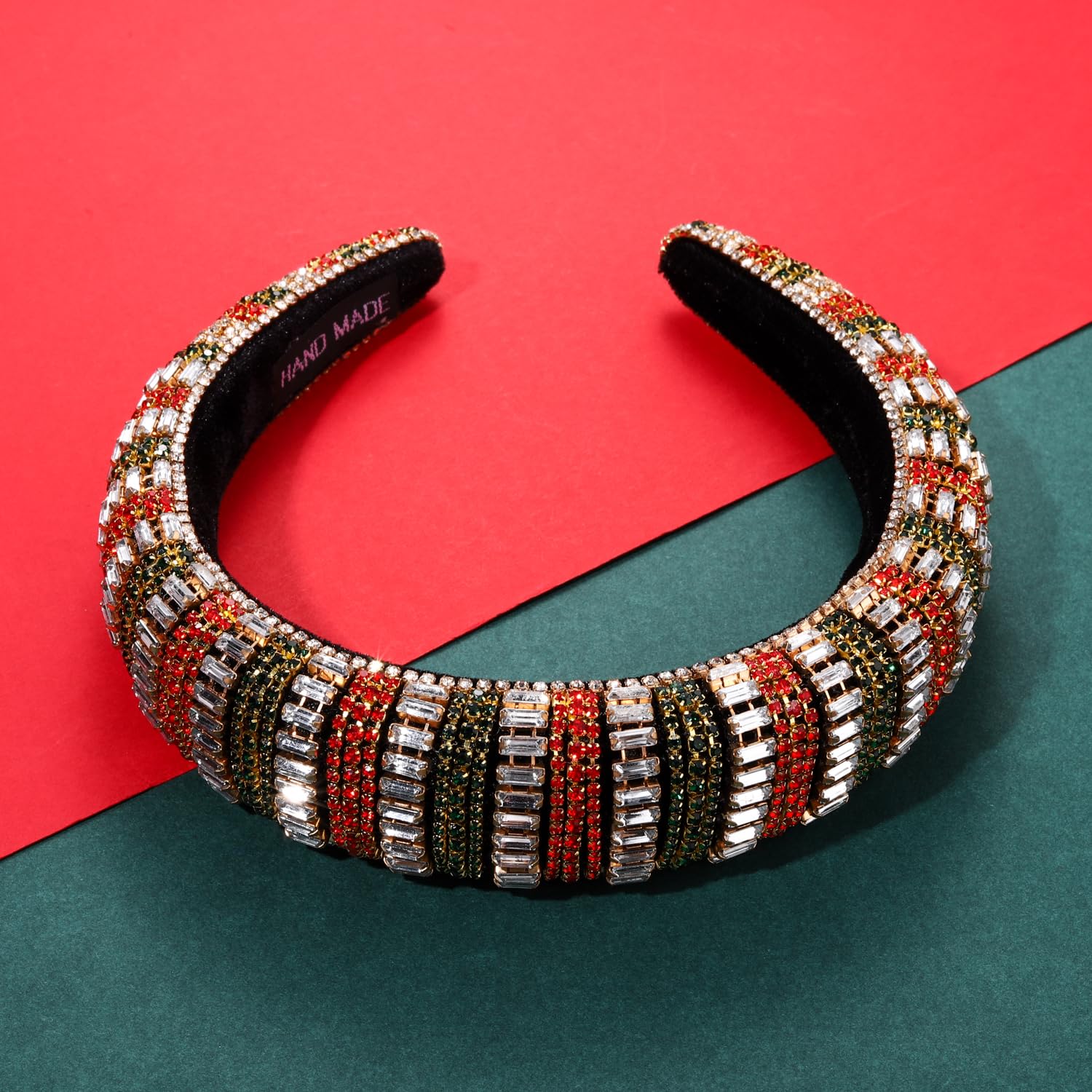 NVENF Diadema de Navidad con diamantes de imitación de cristal para mujer, diadema ancha de terciopelo con cuentas de color rojo y verde, accesorio