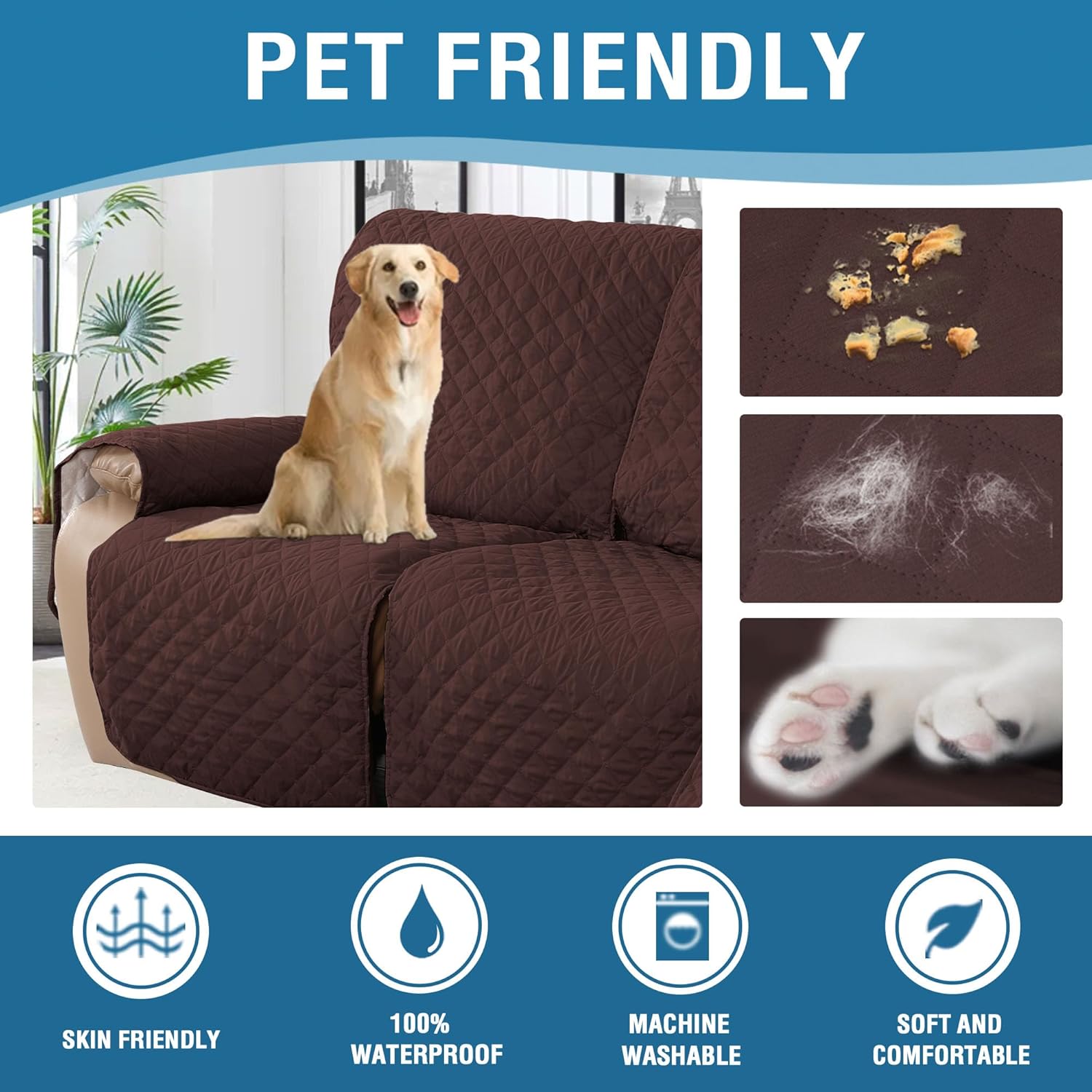 H.VERSAILTEX Funda reclinable 100% impermeable de 1 pieza para sofá reclinable de 3 cojines, funda protectora de muebles con respaldo antideslizante