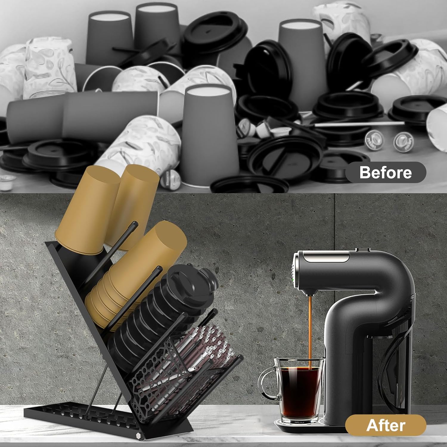 Organizador de metal para tazas de café y tapa, dispensador ajustable de 4 compartimentos