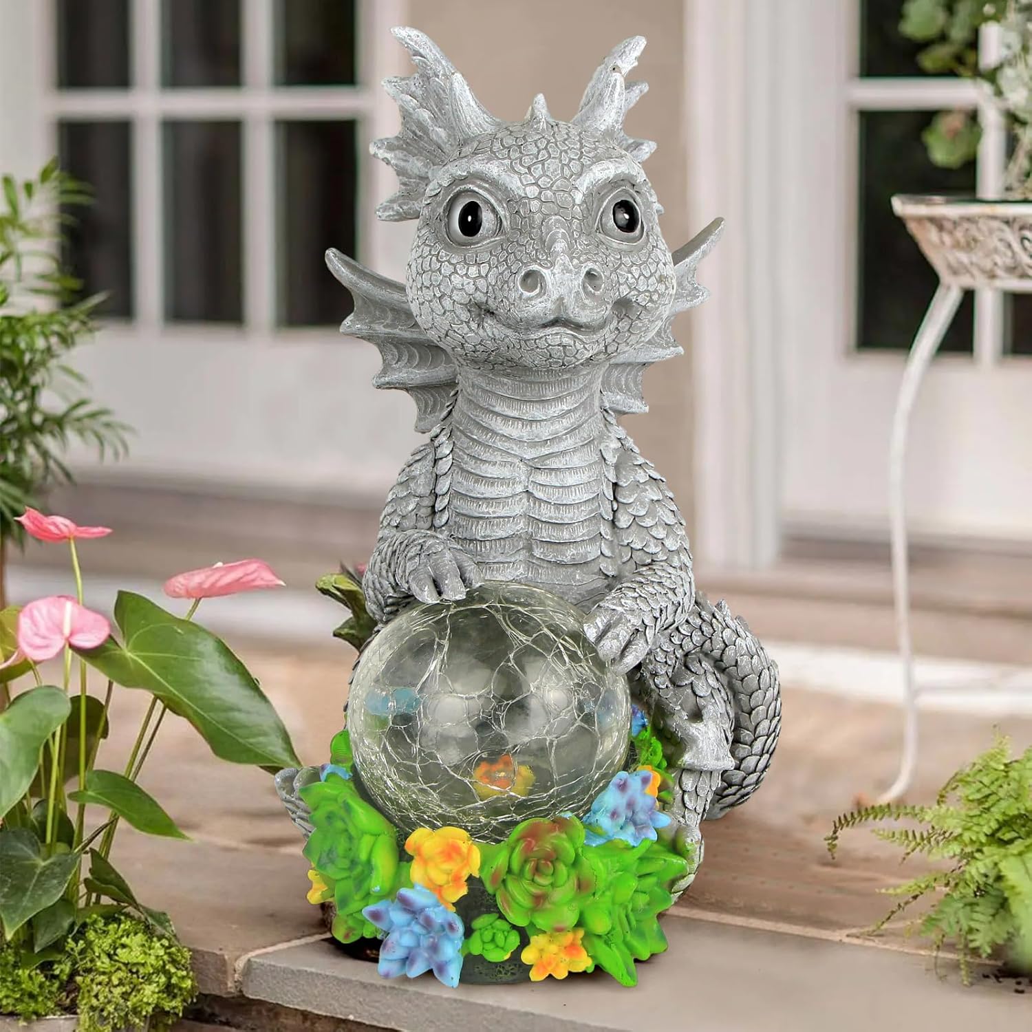 Estatuas solares de jardín al aire libre, dragón sosteniendo orbe mágico con luces LED solares, decoración de césped al aire libre para patio,