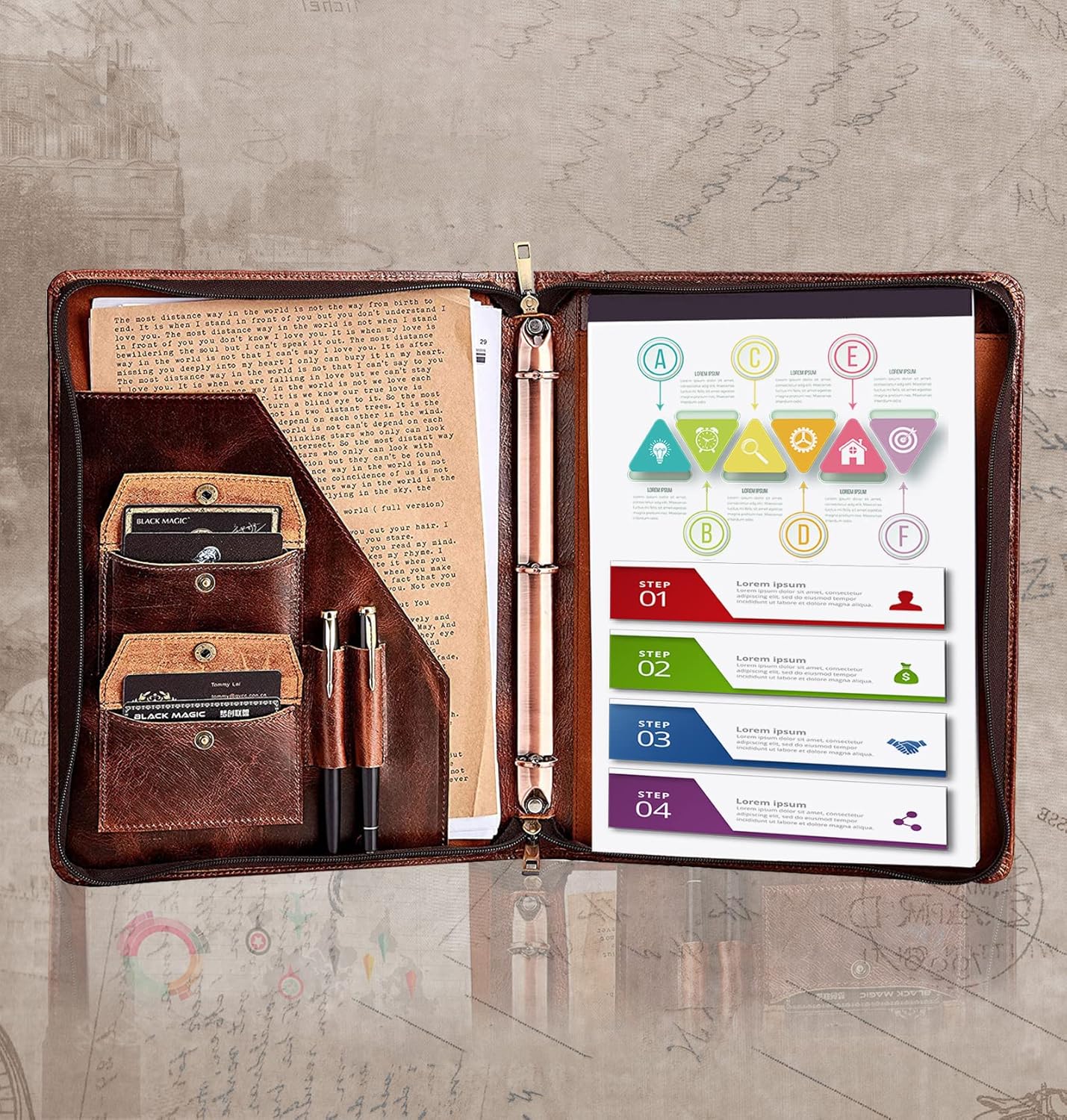 AZXCG Carpeta organizadora de tres anillos de cuero genuino con cremallera, soporte para bloc de notas de cuero vintage, libro de reanudación del