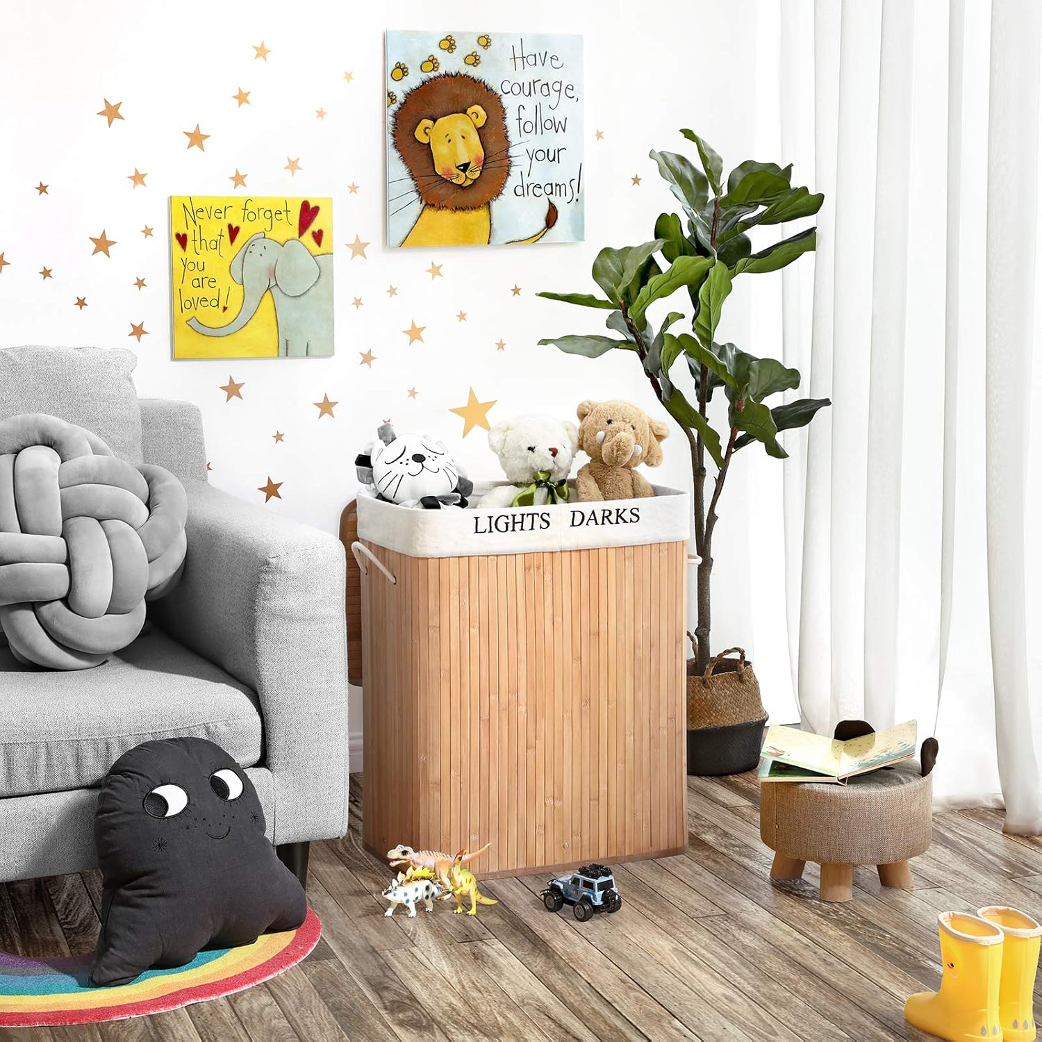 SONGMICS 100L (24.6 x 20.5 x 12.6 in) cesta de lavandería plegable de bambú con 2 compartimentos cesta de lavandería con bolsa de lavandería