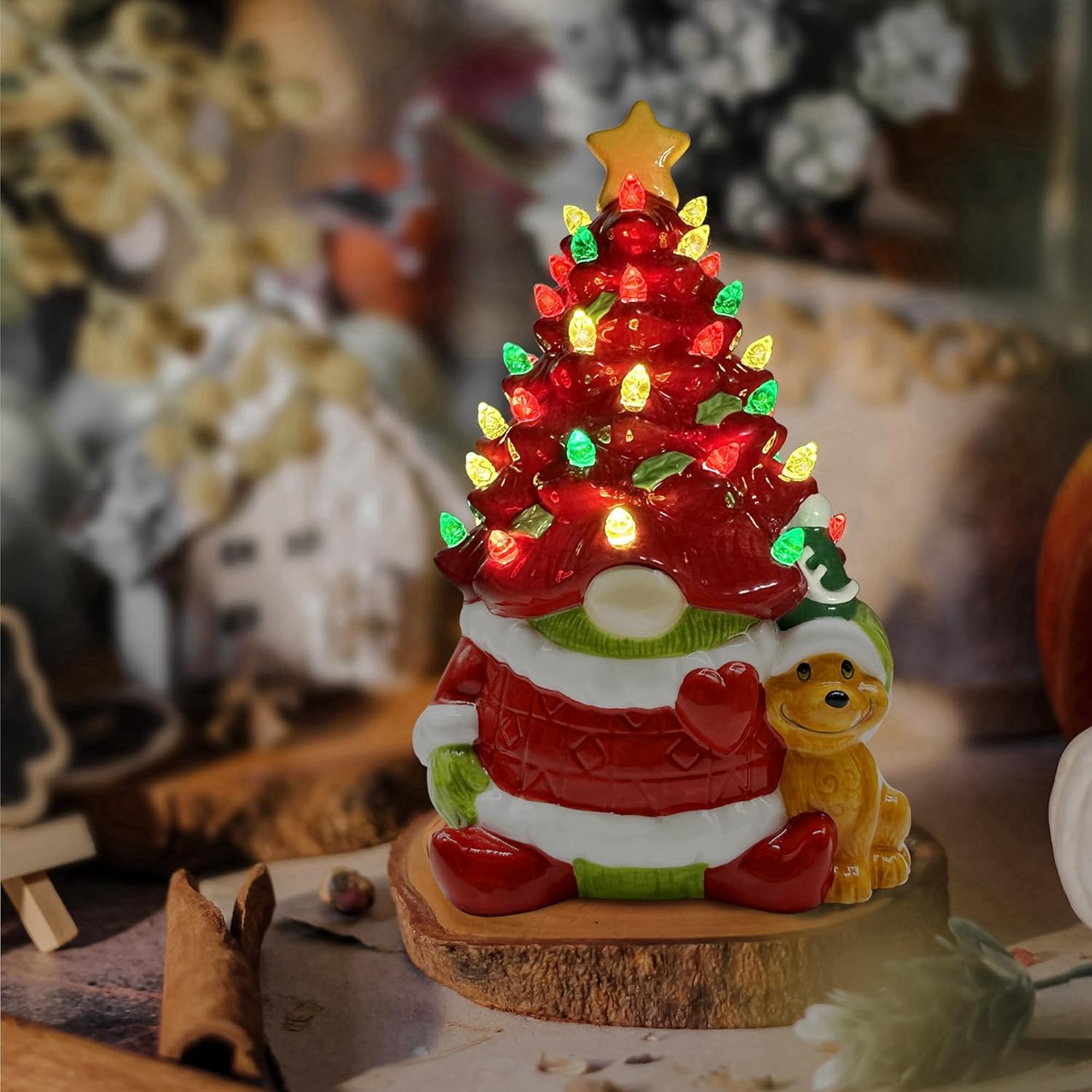 pinata Decoración navideña de gnomo de cerámica, gnomo rojo para mujeres, hombres y niños, árbol de Navidad de cerámica iluminado, decoración de