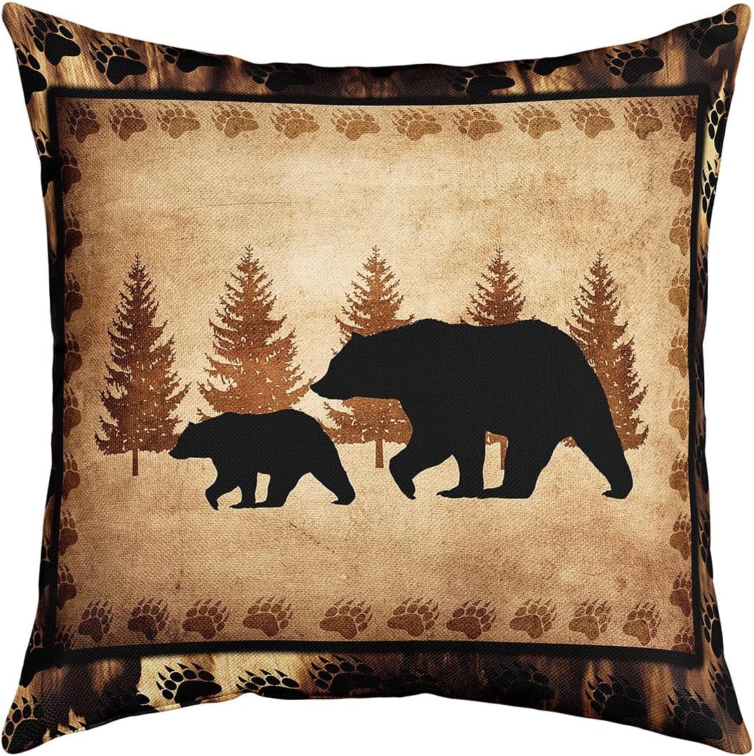 Juego de 4 fundas de almohada vintage de oso, funda de cojín de caza de ciervos de cabaña para decoración del hogar, sala de estar, funda de cojín