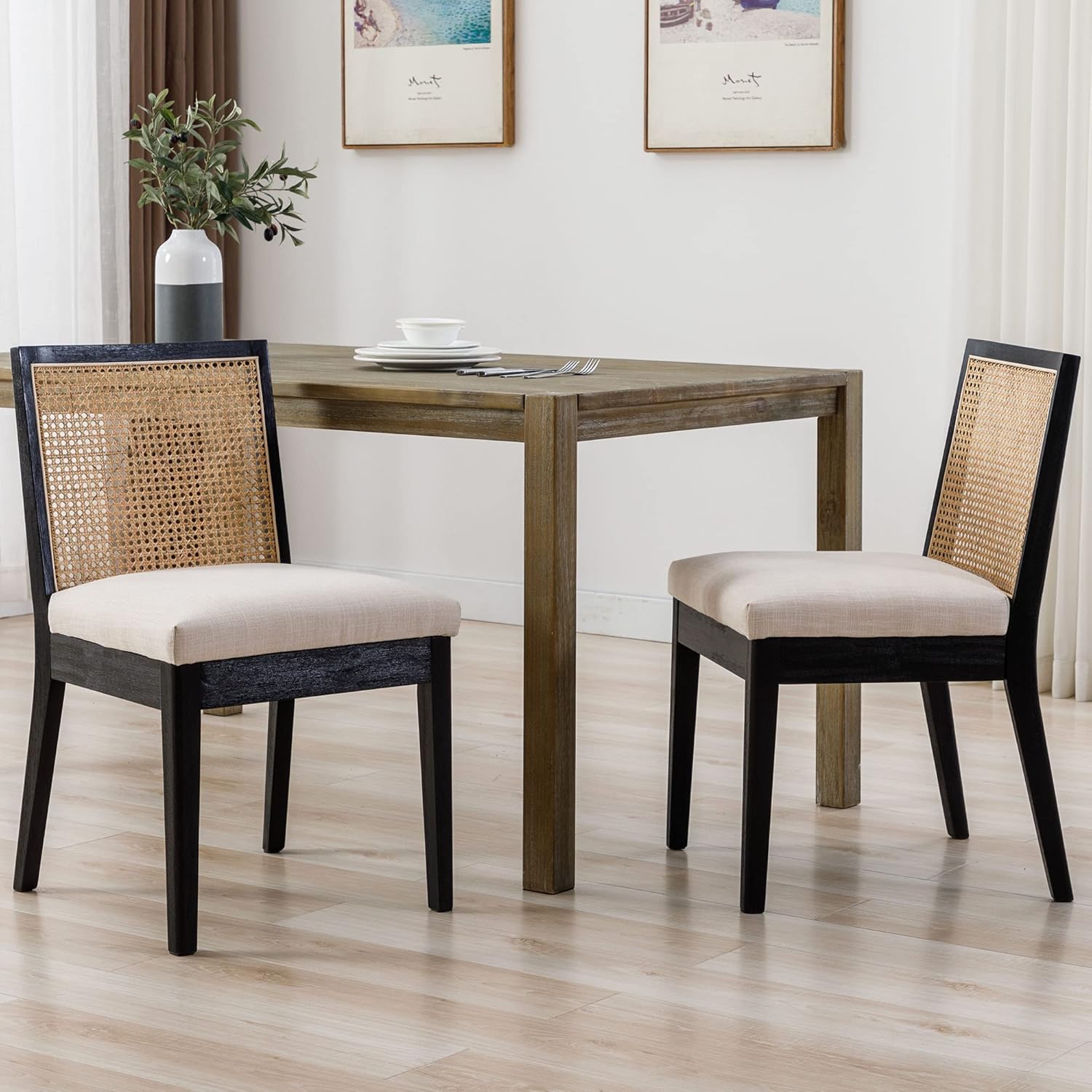 VESCASA Sillas de comedor tapizadas con respaldo cuadrado de ratán, sillas de comedor acolchadas de lino sin brazos con patas de madera para