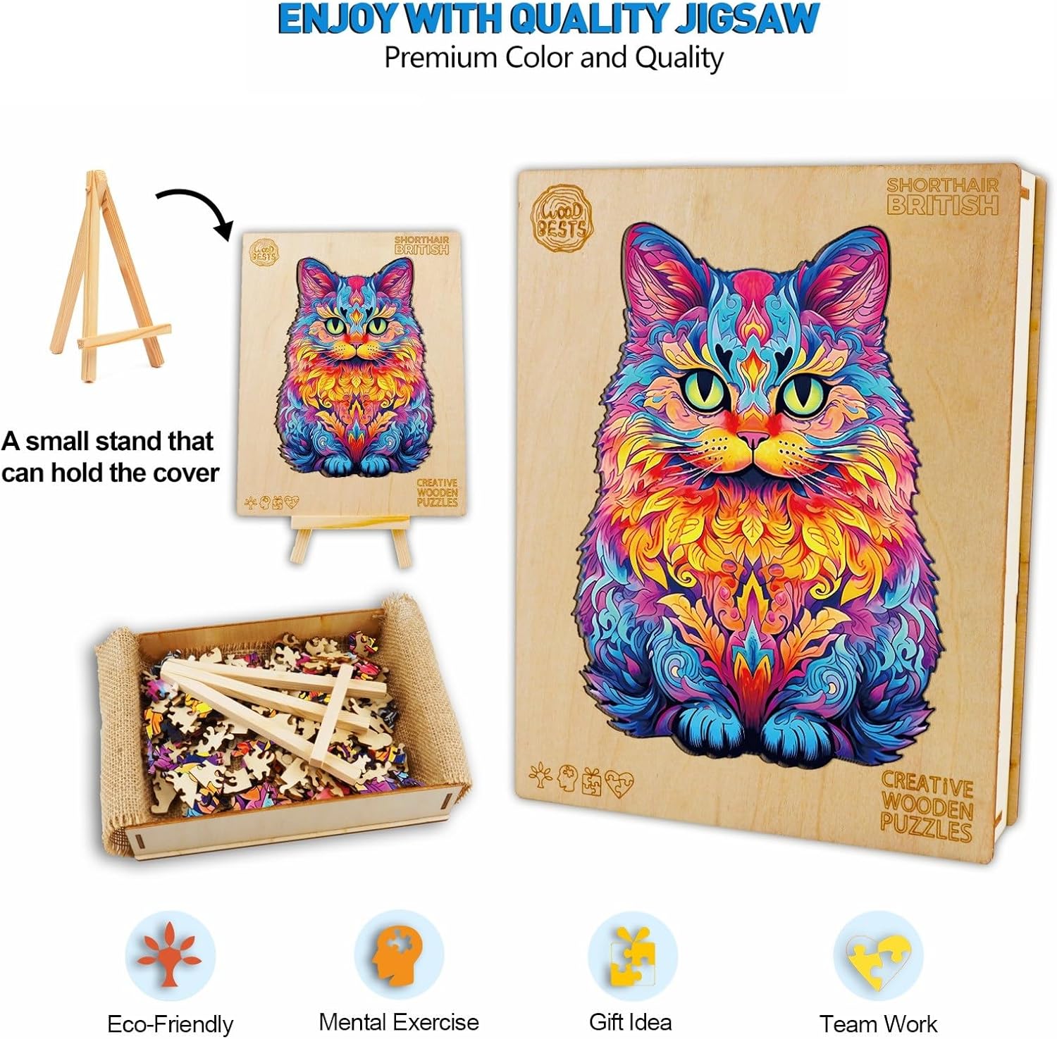 Rompecabezas de madera para adultos, rompecabezas de madera de gato con formas únicas de animales y caja de rompecabezas de madera, regalo de