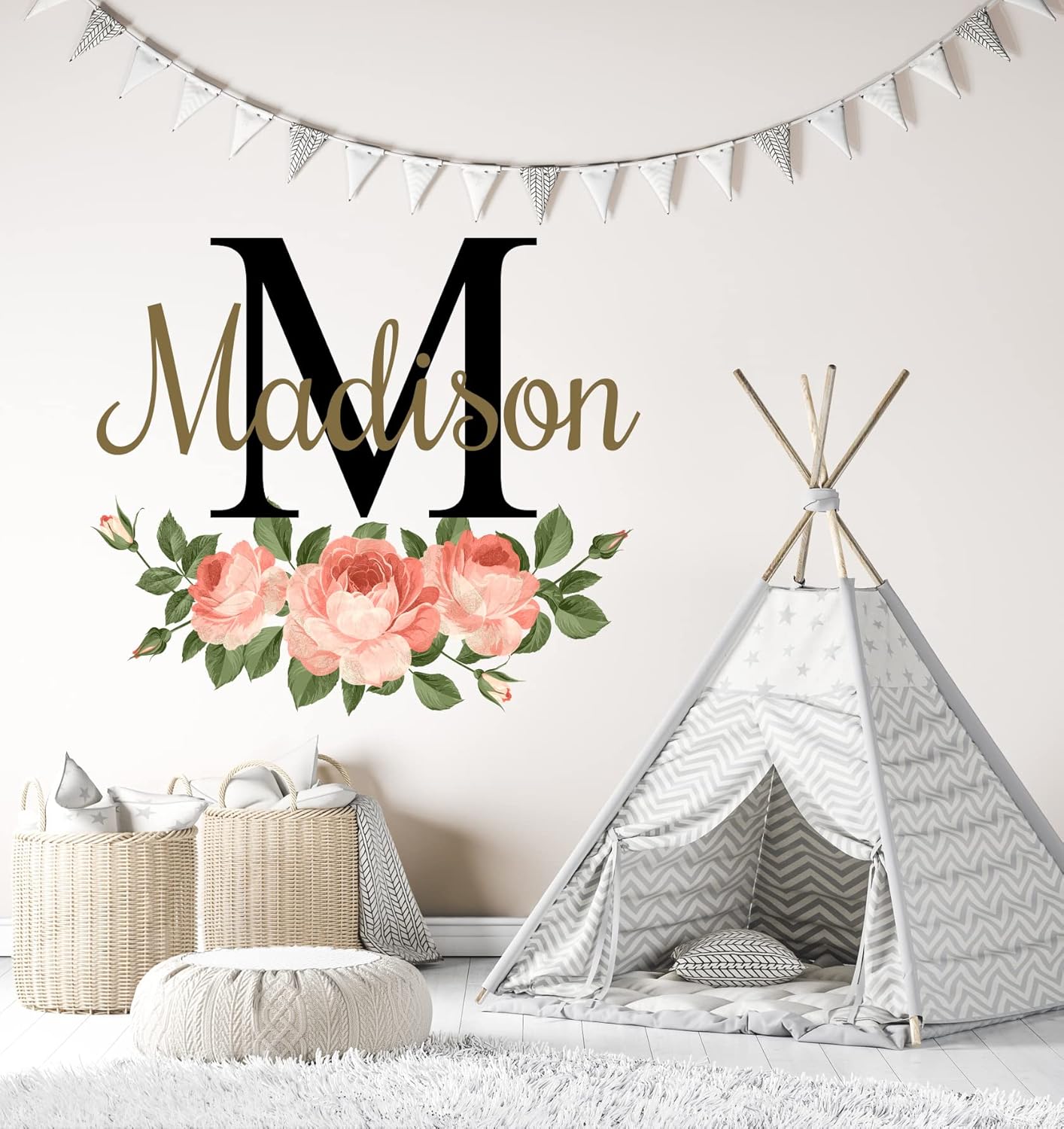 CuteDecals Calcomanías de pared personalizadas con nombre y inicial de flores, decoración artística de peonías, calcomanías murales de niñas para
