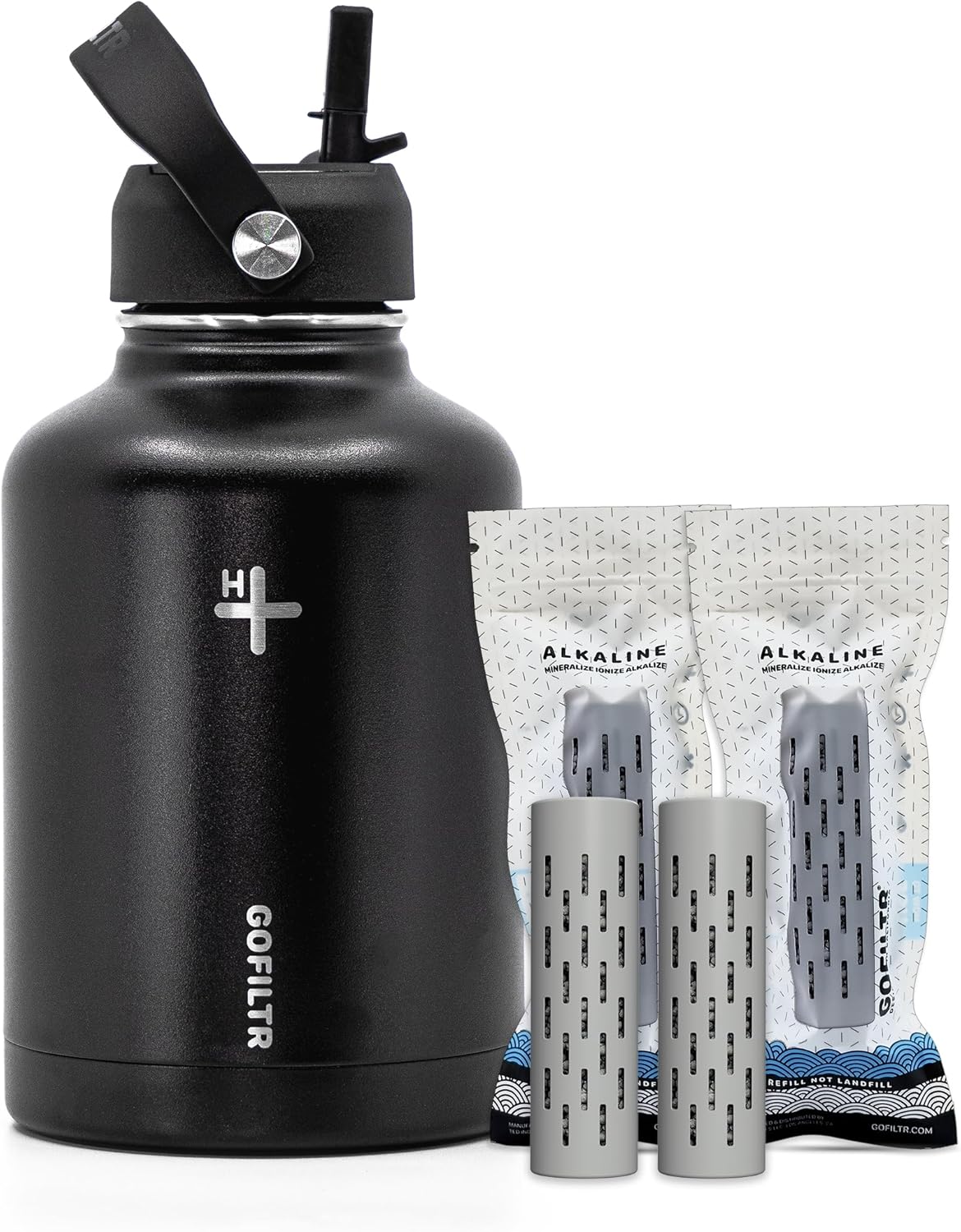 Botella de agua alcalina de 50 onzas con tapa de popote + dos infusores de agua alcalina de 9.5 ph  botella de agua aislada deportiva  crea agua