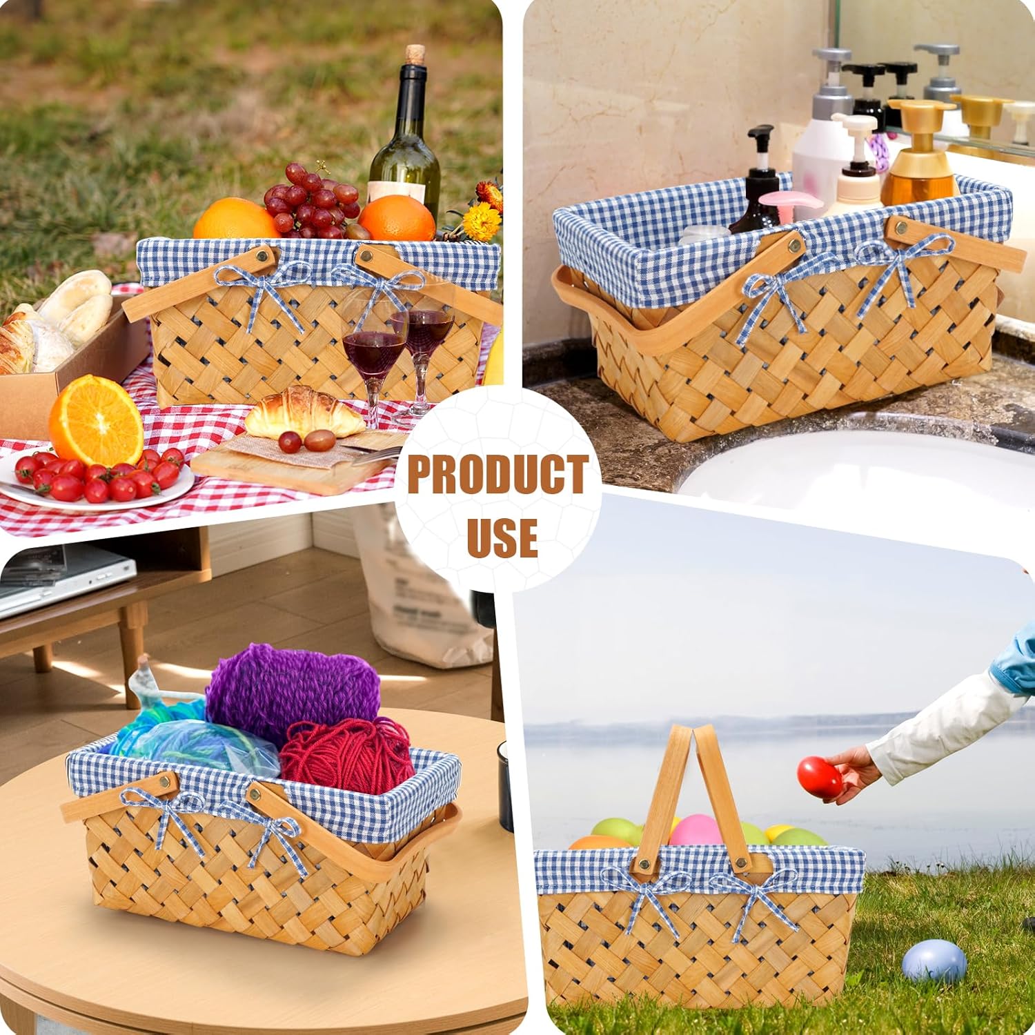 Woodchip – Cesta de picnic con asas plegables individuales, cesta de huevos de Pascua tejida a mano y cesta de caramelo, cesta de almacenamiento de