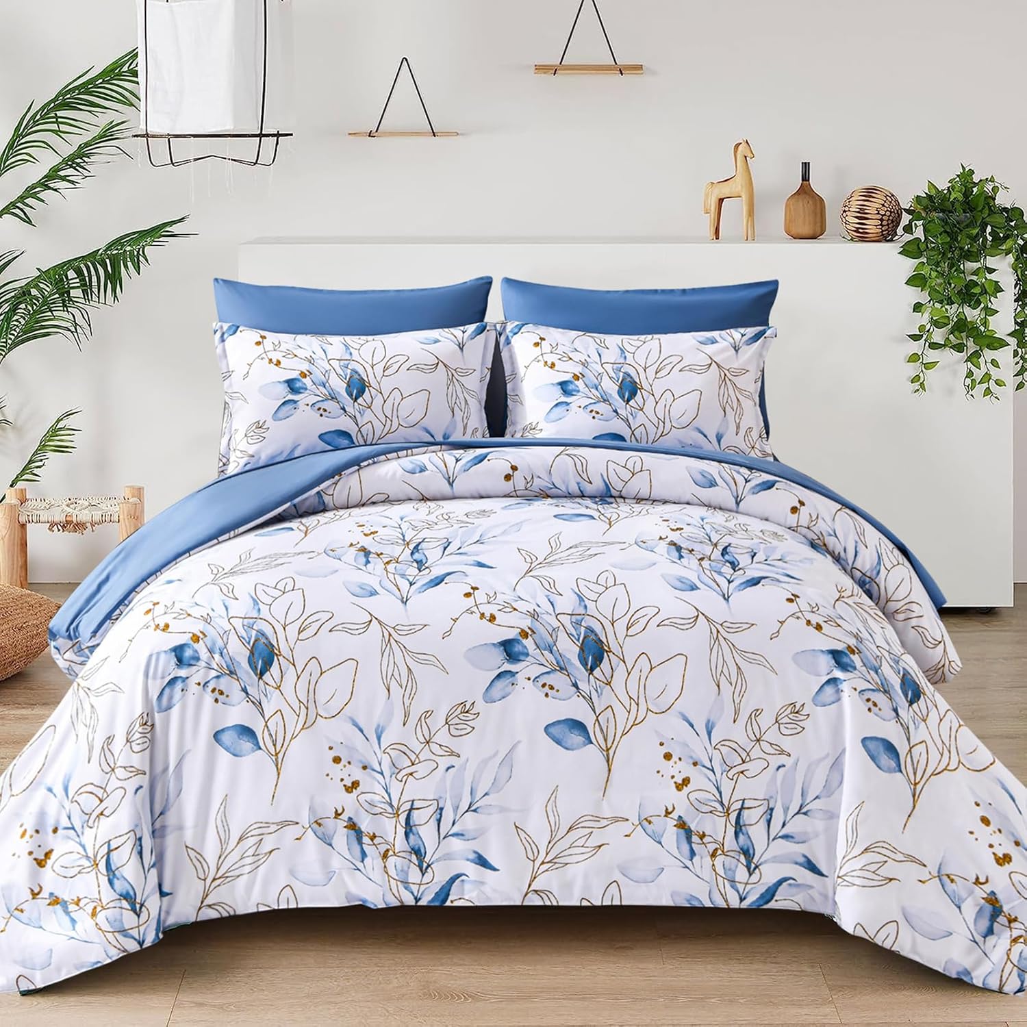 Juego de funda de edredón azul botánico tamaño Queen, 3 piezas reversibles con estampado de hojas azules y doradas con cierre de cremallera, funda