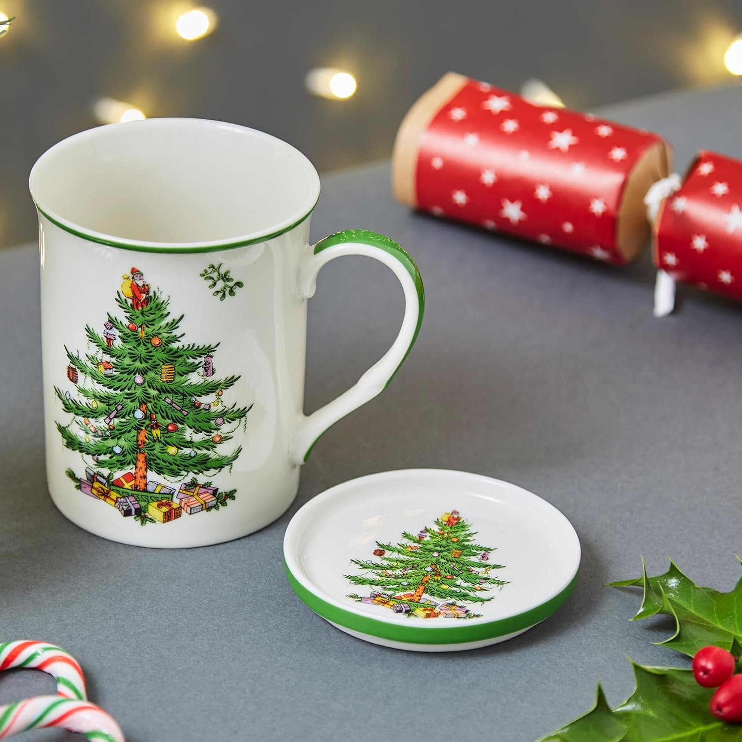 Spode Christmas Tree Mug Cup and Coaster Set  14 Ounce Mug for Tea, Coffee and Hot Chocolate  Made of Fine Porcelain  Microwave and Dishwasher Safe