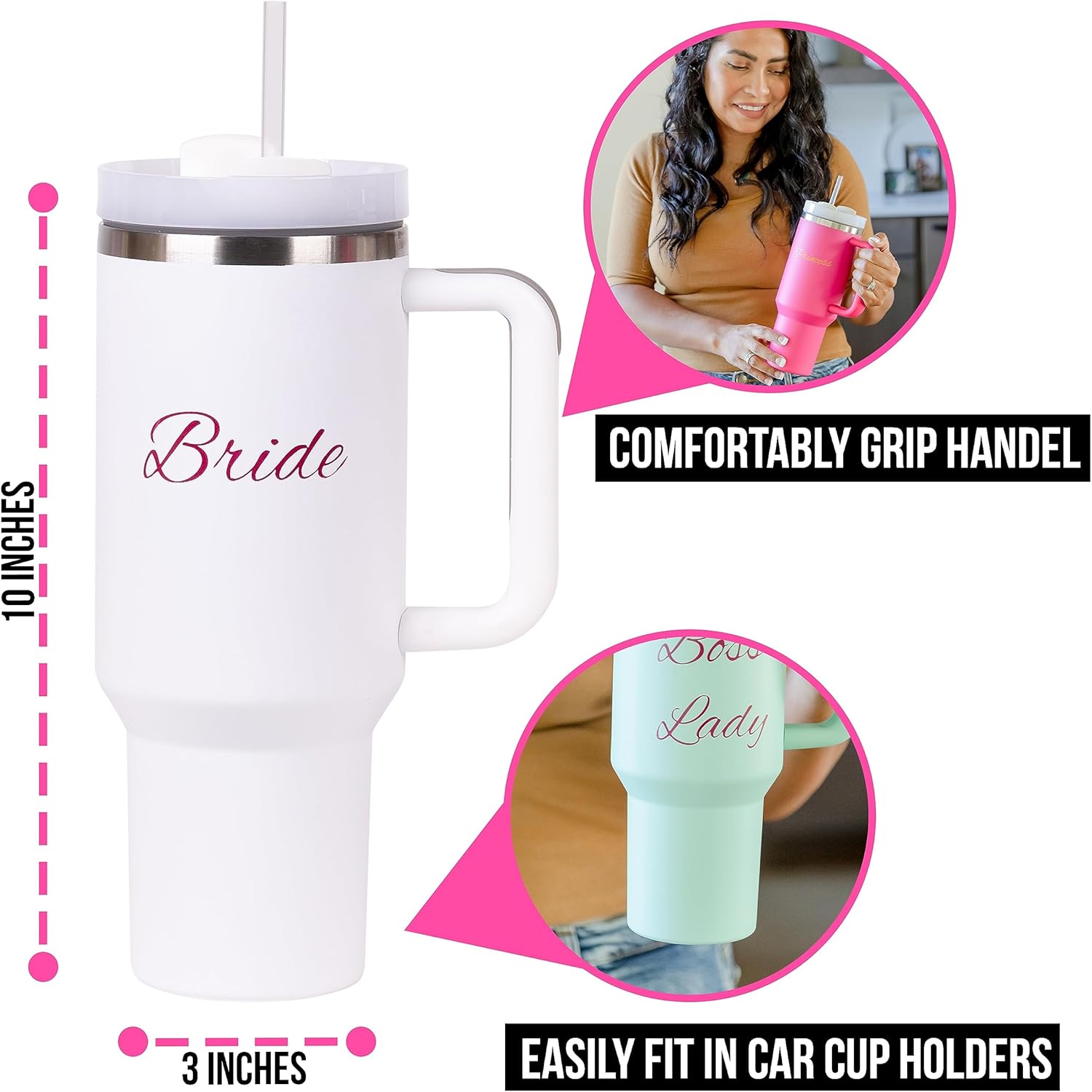 Bride’s – Vaso de 40 onzas con asa y popote, botella de agua de acero inoxidable aislada que cabe en el portavasos del automóvil, botellas de agua
