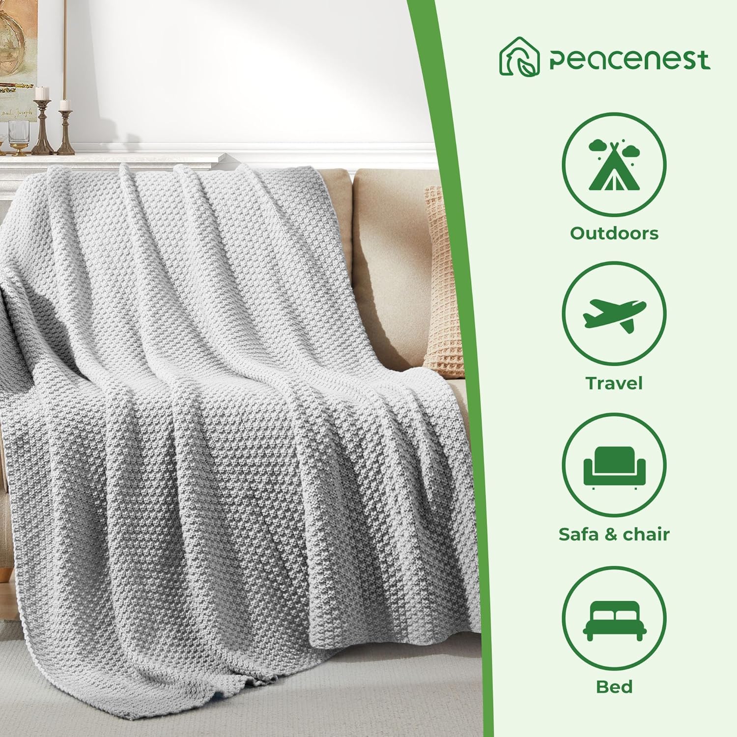 Peace nest Manta de punto grueso para cama, manta de punto trenzado suave para sofá, silla, acogedora manta ligera para exteriores, manta cómoda de
