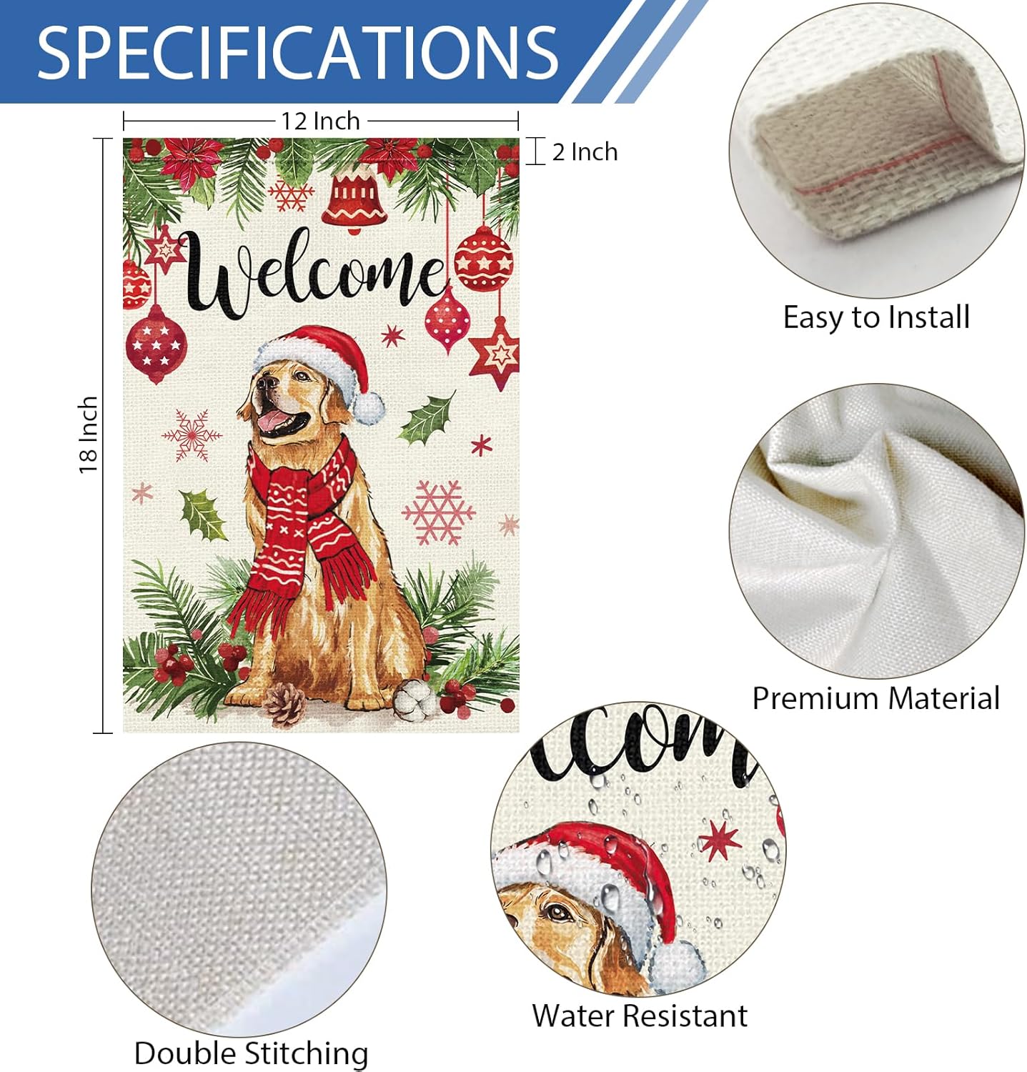 Bandera navideña de bienvenida para jardín, 12 x 18 pulgadas, arpillera de doble cara de perro Golden Retriever con sombrero de Navidad, banderas de