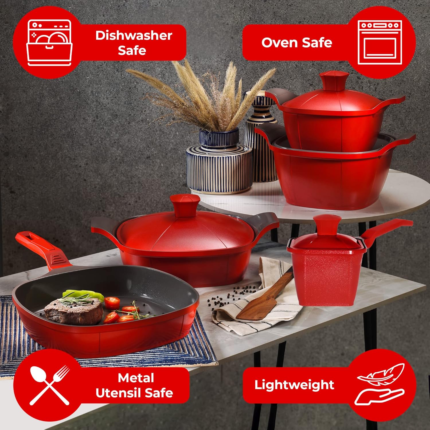Luxury Cast Aluminum Complete “Cookware Set”  Premium Design  – Nonstick, All Stovetops (Matrix) (Induction) (11 Pcs – Ceramic Red)