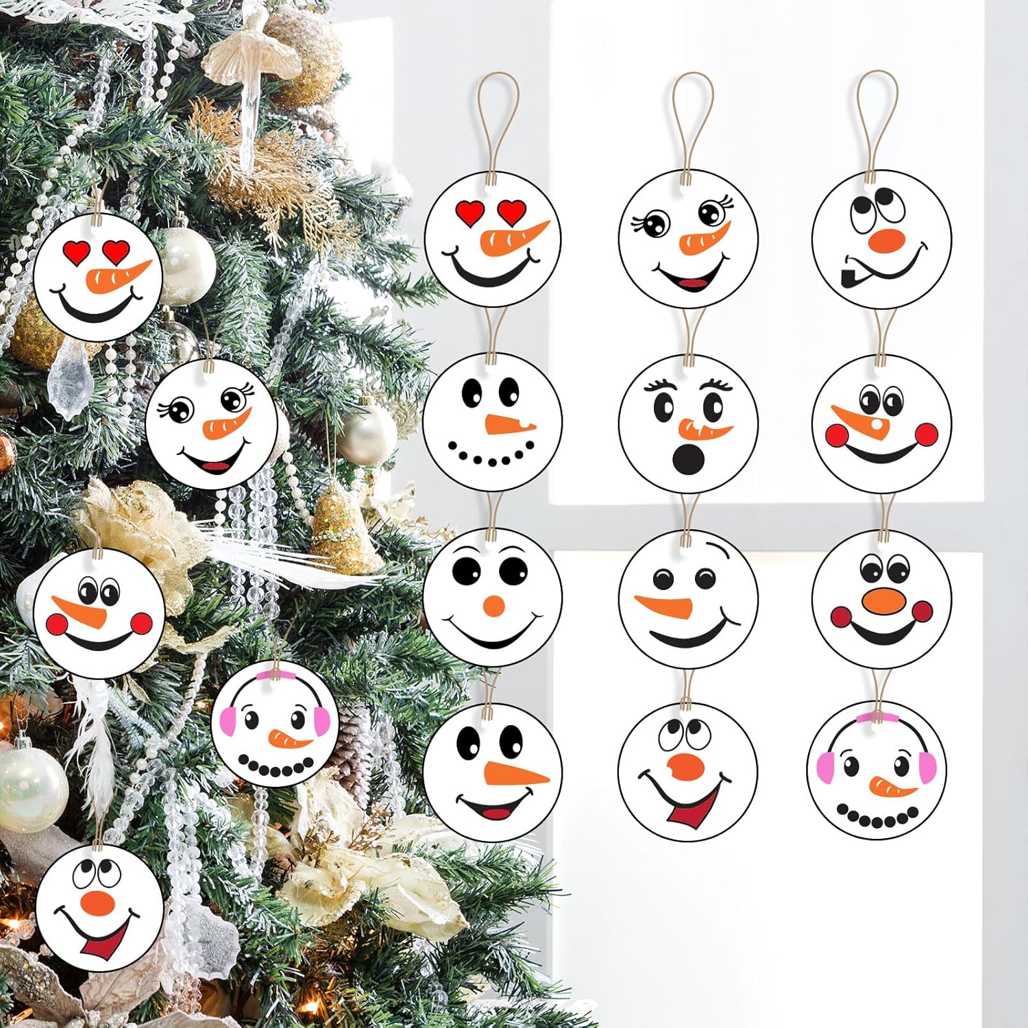 24 piezas de adornos de madera con cara de muñeco de nieve de Navidad, adornos de árbol de Navidad, decoración colgante, cara de muñeco de nieve,