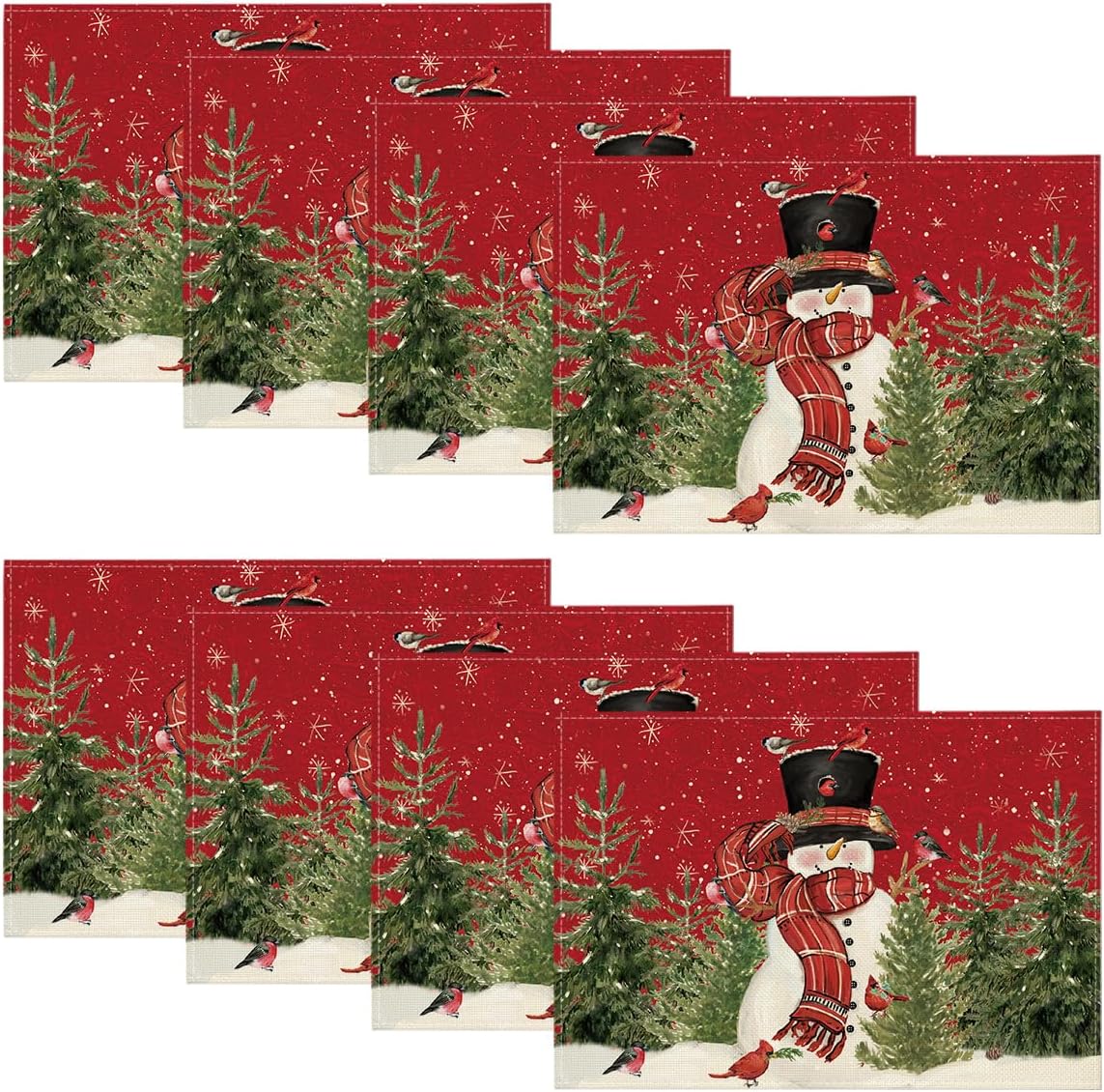 Artoid Mode Juego de 8 manteles individuales de Navidad de árbol de muñeco de nieve rojo, 12 x 18 pulgadas, para decoración de fiestas, cocina,