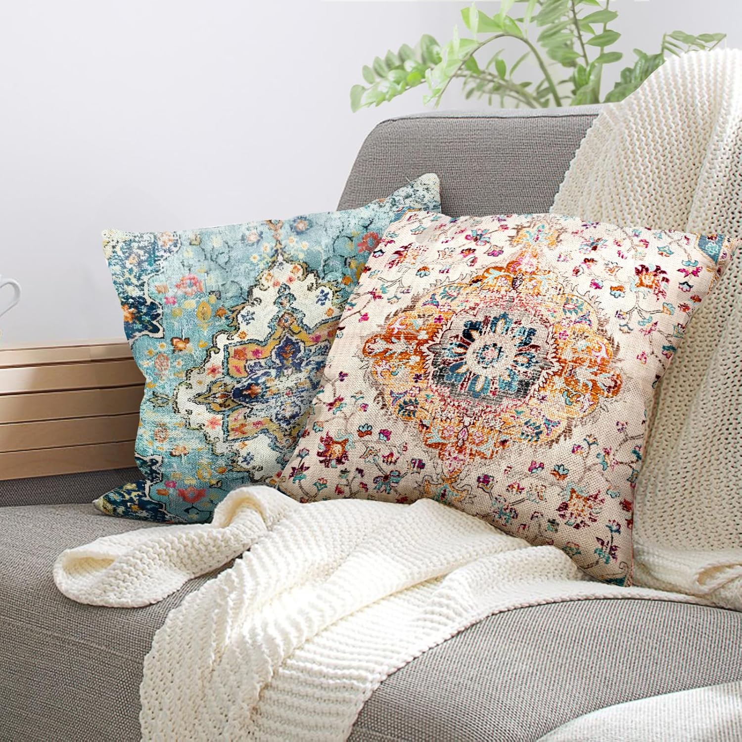 Fundas de almohada bohemias de 16 x 16 pulgadas, fundas de almohada vintage de lino para decoración del hogar, sofá, automóvil, sala de estar,