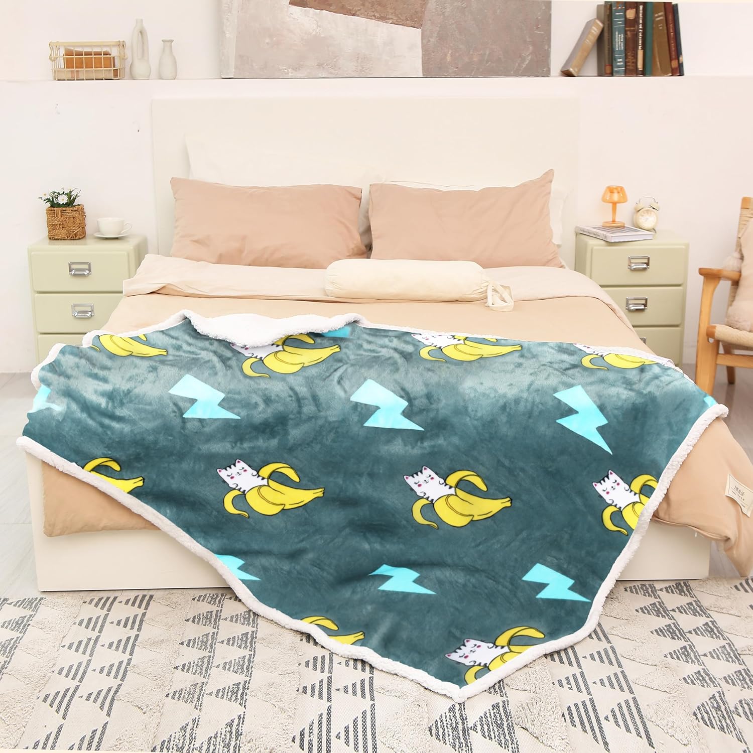 Catalonia Manta de forro polar Sherpa con estampado de gato y plátano, manta suave de felpa de visón, mullida, cómoda, cálida, regalo de cuidado