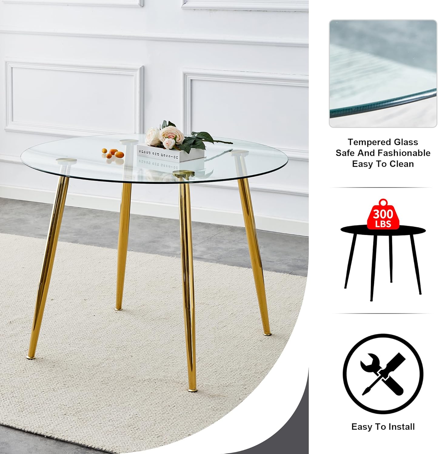 Mesa de comedor redonda, mesa de comedor moderna de 40 pulgadas, mesa de vidrio templado con patas de metal chapado en oro, Mesas de Comedor para