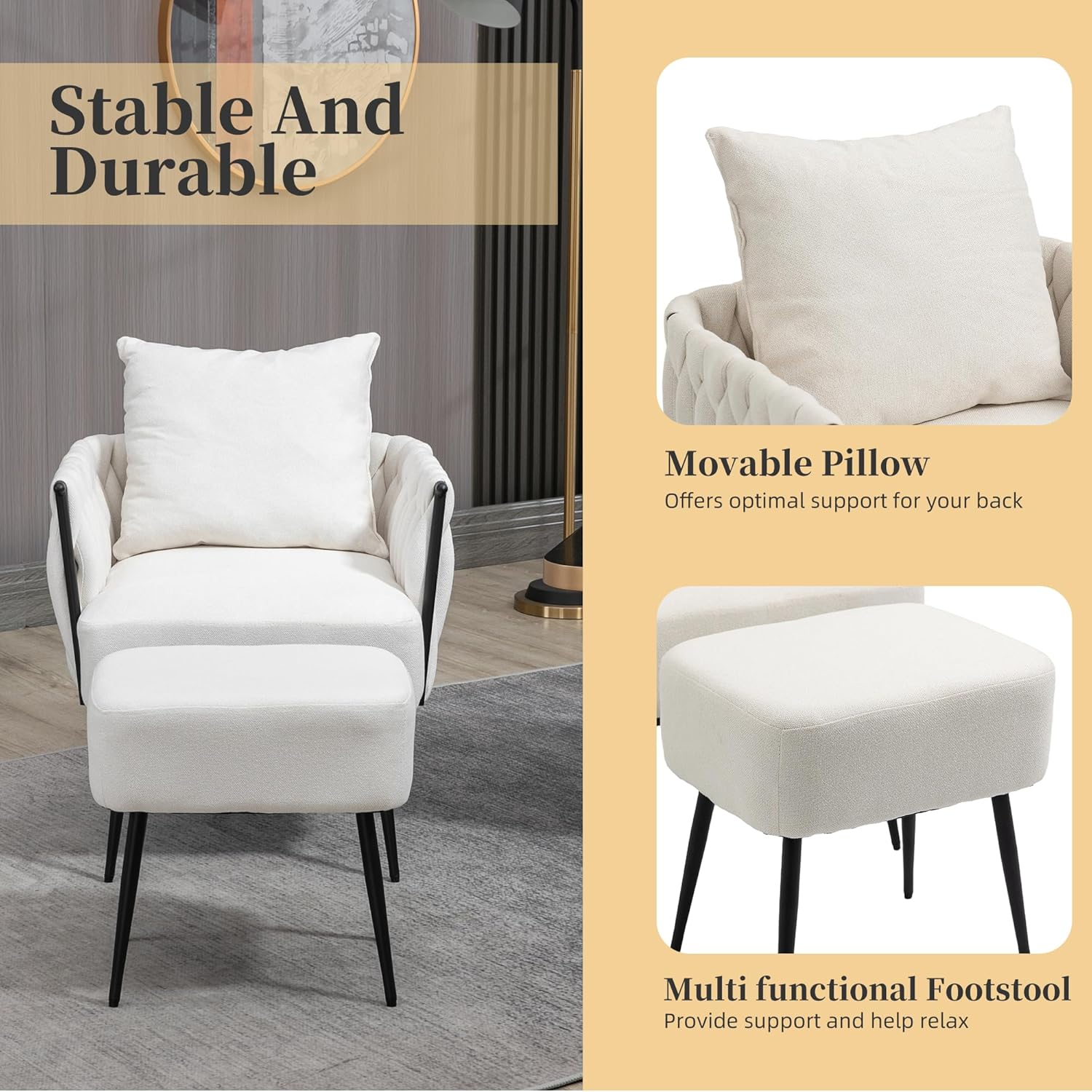Silla de barril con acento copetudo, silla moderna con otomana de almacenamiento, sillón acolchado suave con marco de metal para sala de estar,