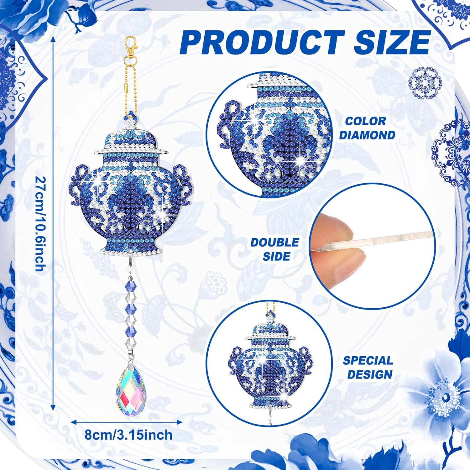 Juego de 6 campanillas de viento de cristal de viento con diseño de diamante 5D con diseño de porcelana, adornos de porcelana azul y blanca de doble
