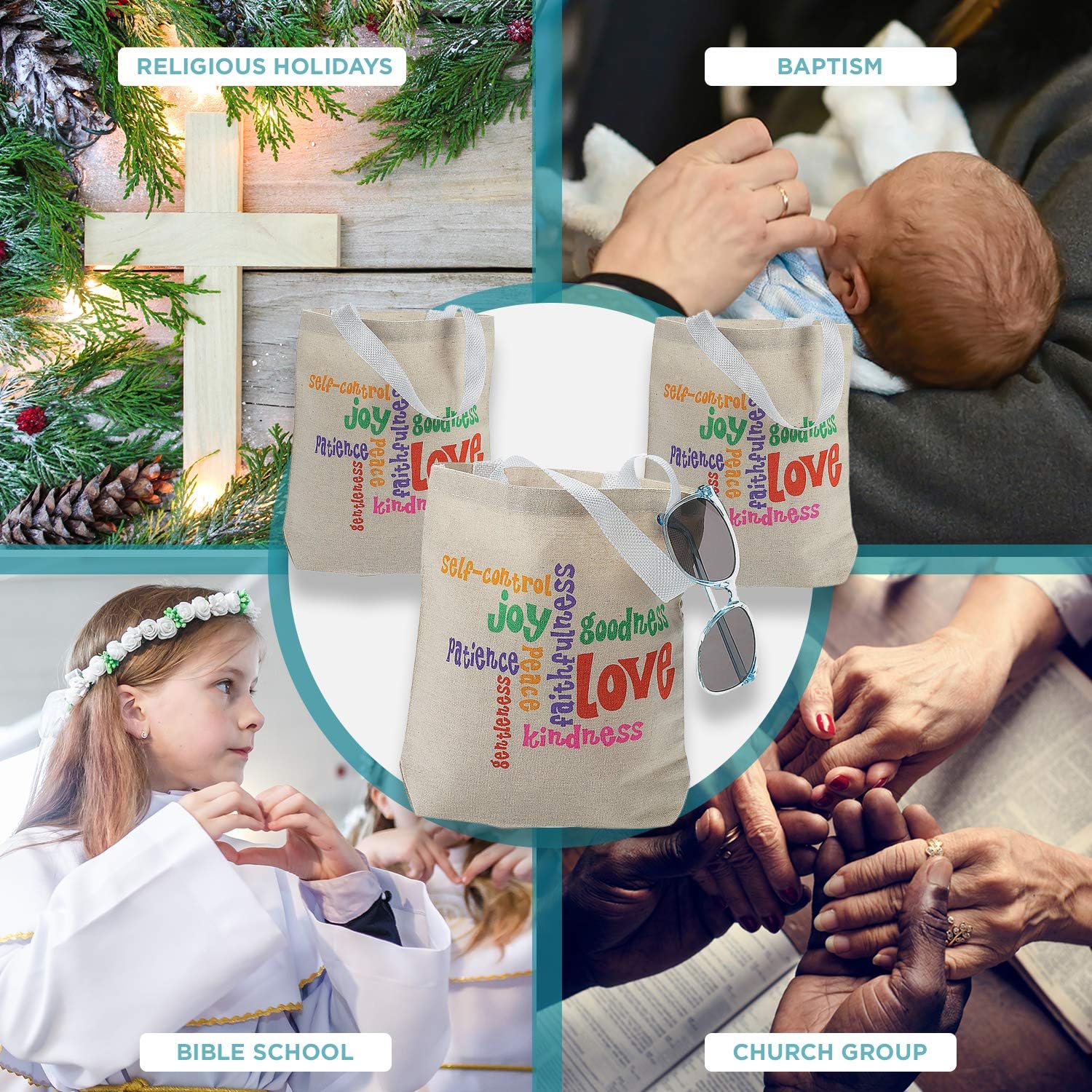 Fun Express Fruit Of The Spirit – Bolsas de mano, juego de 12 bolsas de bienvenida para la iglesia, regalos y suministros religiosos, Varios colores
