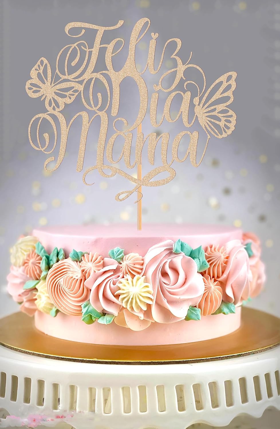 Feliz Dia Mama – Decoración de pastel con purpurina de oro rosa español para el Día de la Madre, decoración de pastel de cumpleaños de mamá (oro