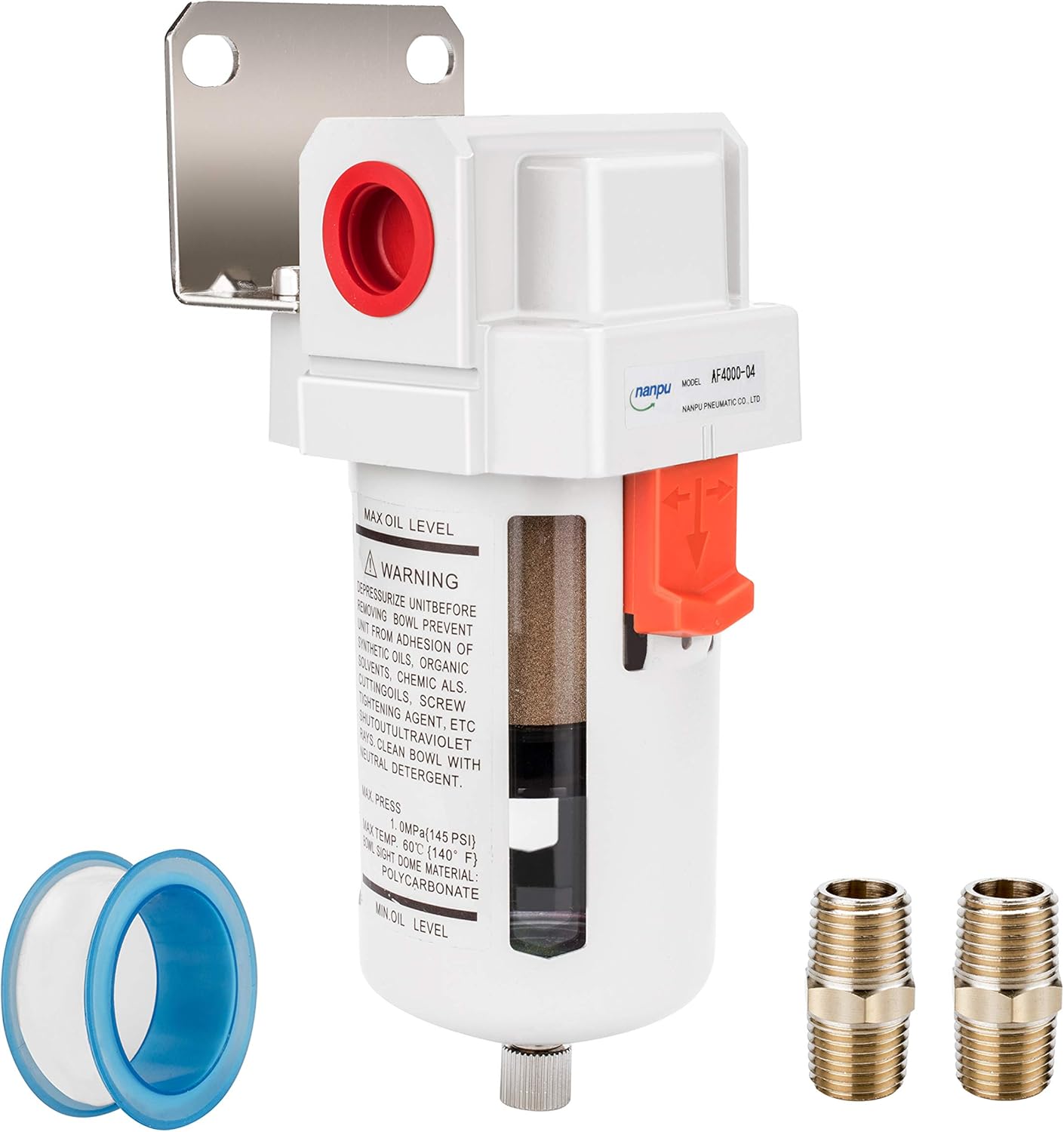 NANPU Filtro de línea de aire comprimido NPT de 12″, elemento de latón de 5 micrones, soporte, cuenco de polietileno, 145 psi