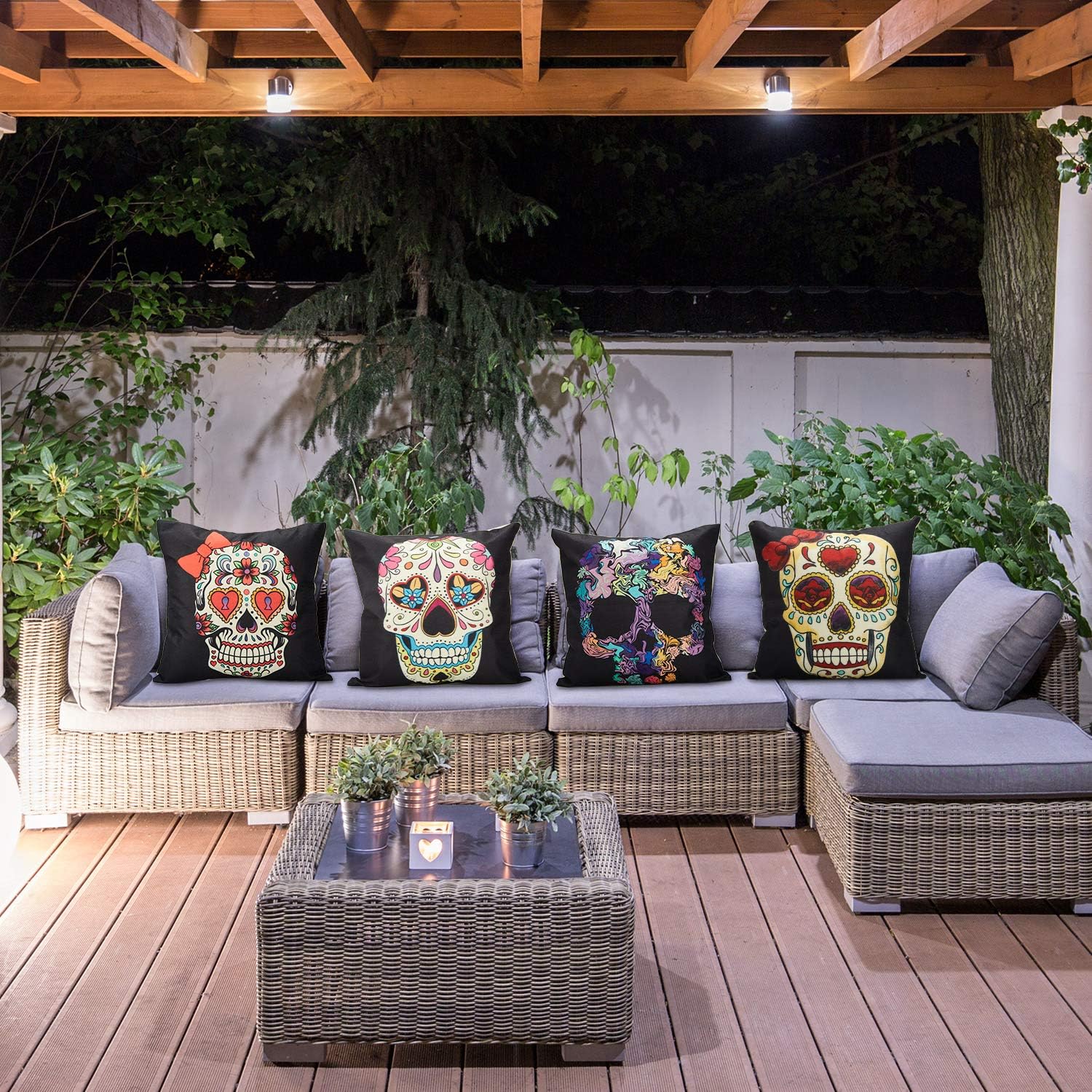 4 fundas de almohada decorativas de Halloween, fundas de almohada cuadradas de lino para el Día de los Muertos, fundas de almohada cuadradas de lino