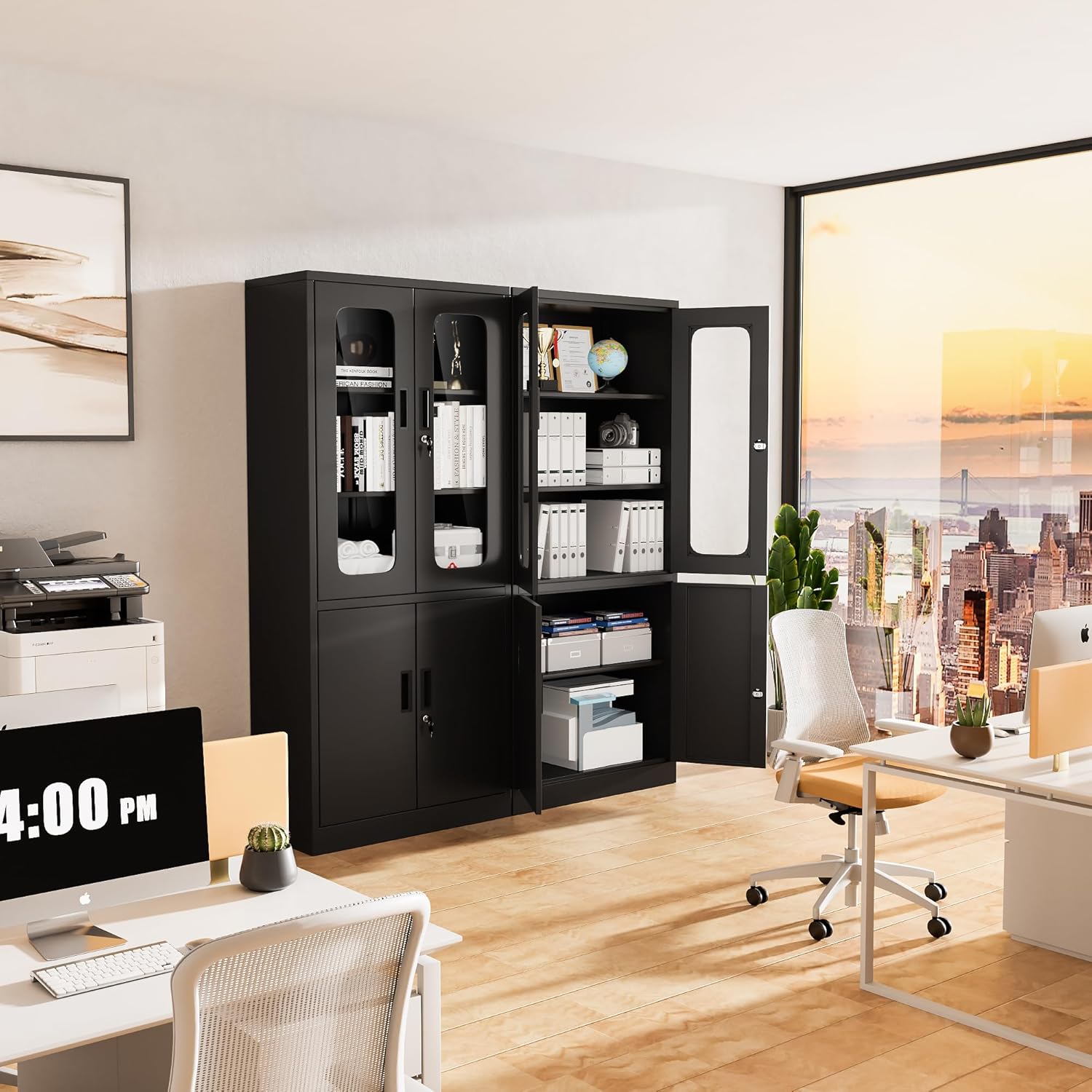 Greenvelly Armario de almacenamiento de metal con 2 puertas y estantes ajustables, armario de acero de 72 pulgadas con puertas de vidrio, gabinete