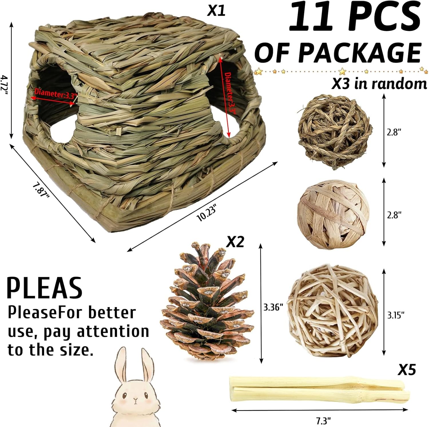 PINVNBY Casa de hierba de conejillo de indias con juguetes para masticar, conejito pequeño, escondite natural para mascotas, cabaña de césped con