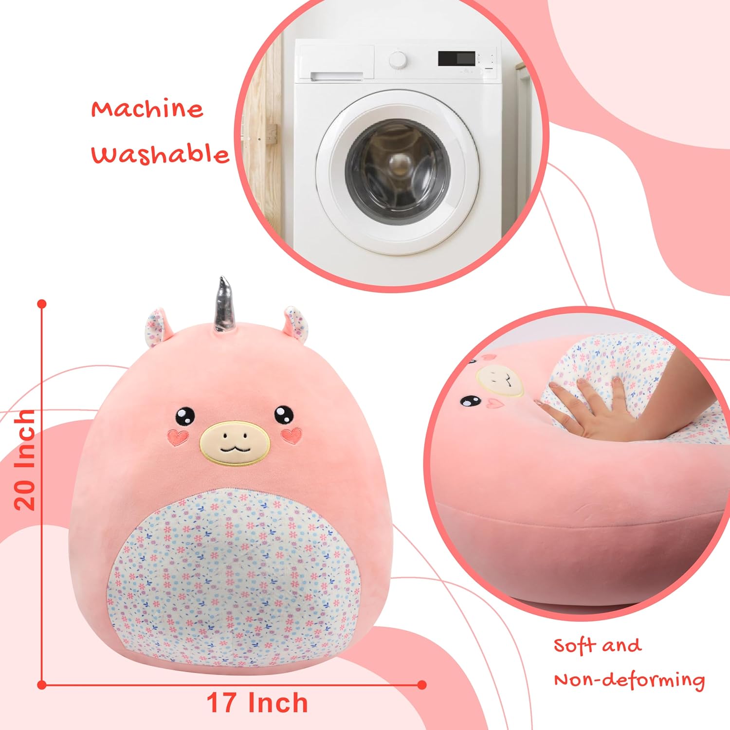 Almohada grande de felpa de unicornio de 20 pulgadas con vientre floral, lindo juguete de peluche suave para abrazar, animal de peluche jumbo para