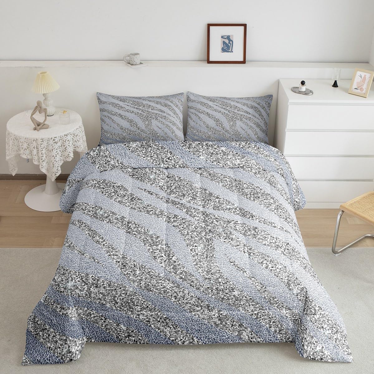 Erosebridal Juego de edredón con estampado de cebra con purpurina, juego de ropa de cama de animales lindos de tamaño Queen, juegos de ropa de cama