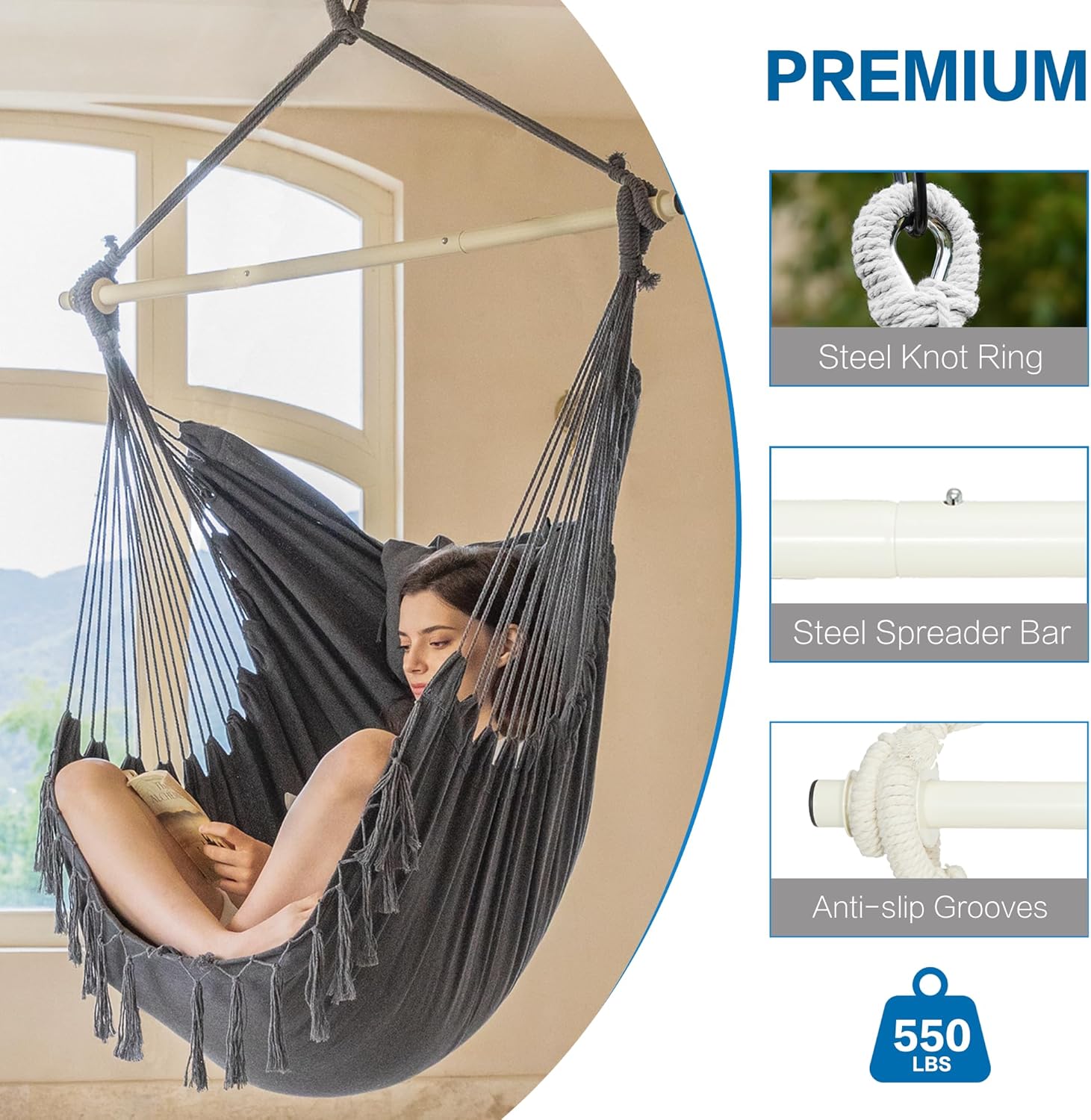 PNAEUT Silla hamaca tamaño XXL, silla colgante, silla oscilante, máximo 550 libras, reposacabezas patentado, 2 cojines, macramé grande con bolsillo,