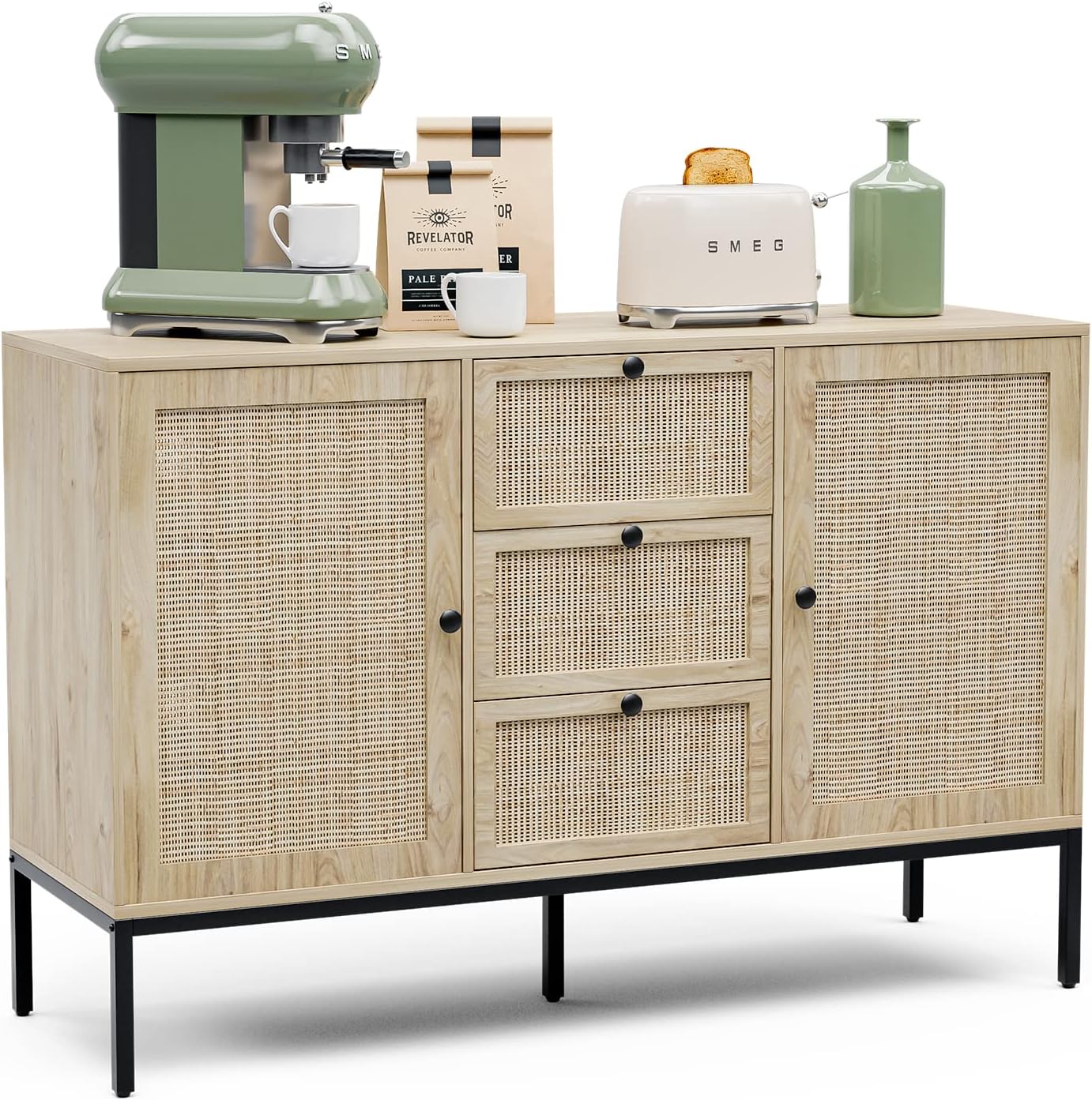 Aparador de ratán con almacenamiento, armario con puertas y estantes, armario decorativo con cajones para sala de estar, cocina, comedor, entrada