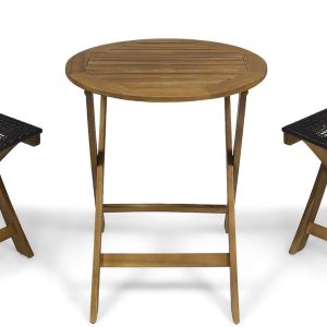 GDFStudio Juego de bistró plegable de mimbre de madera de acacia al aire libre con sillas y mesa, acabado de teca y marrón GDFStudio Juego de bistró plegable de mimbre de madera de acacia al aire libre con sillas y mesa, acabado de teca y marrón
