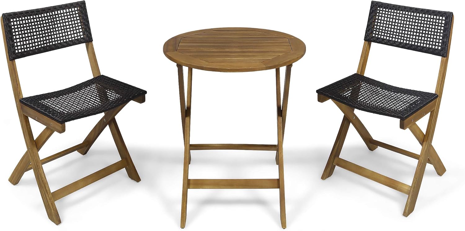 GDFStudio Juego de bistró plegable de mimbre de madera de acacia al aire libre con sillas y mesa, acabado de teca y marrón