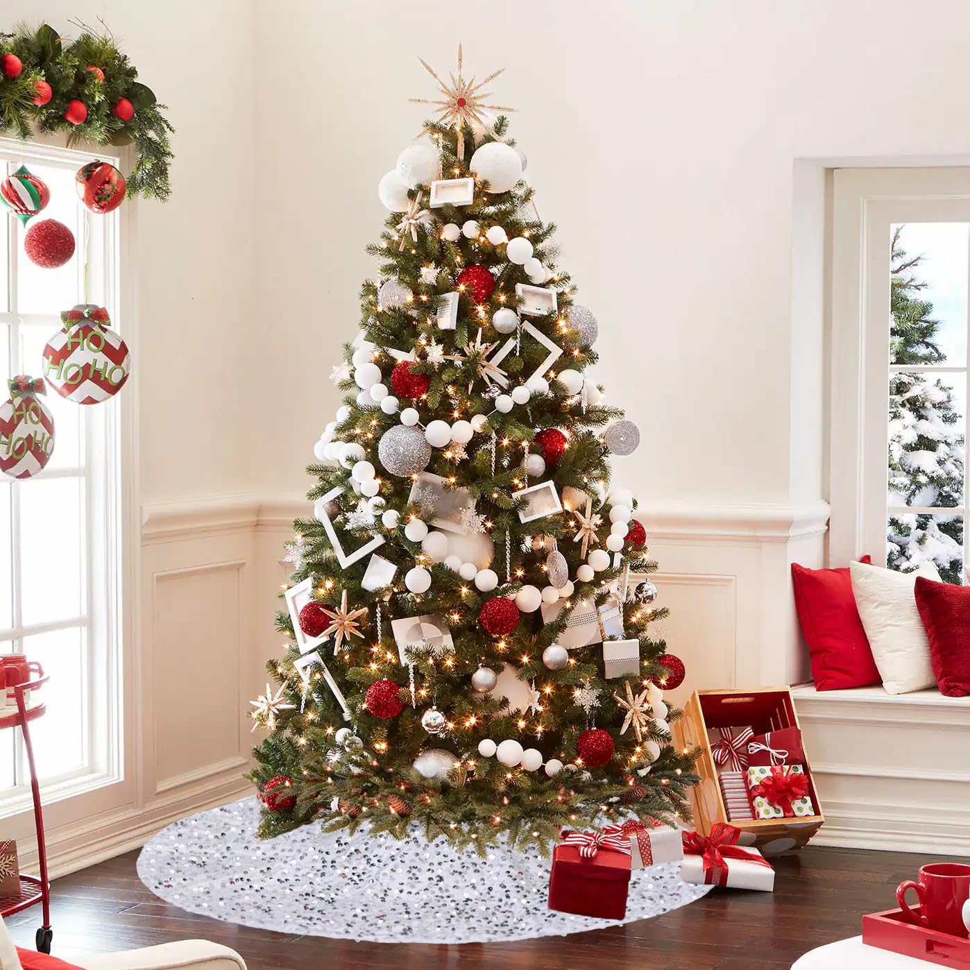 Falda de árbol de 48 pulgadas, falda de árbol de Navidad blanca plateada, falda grande de lentejuelas para árbol de Navidad de terciopelo para árbol