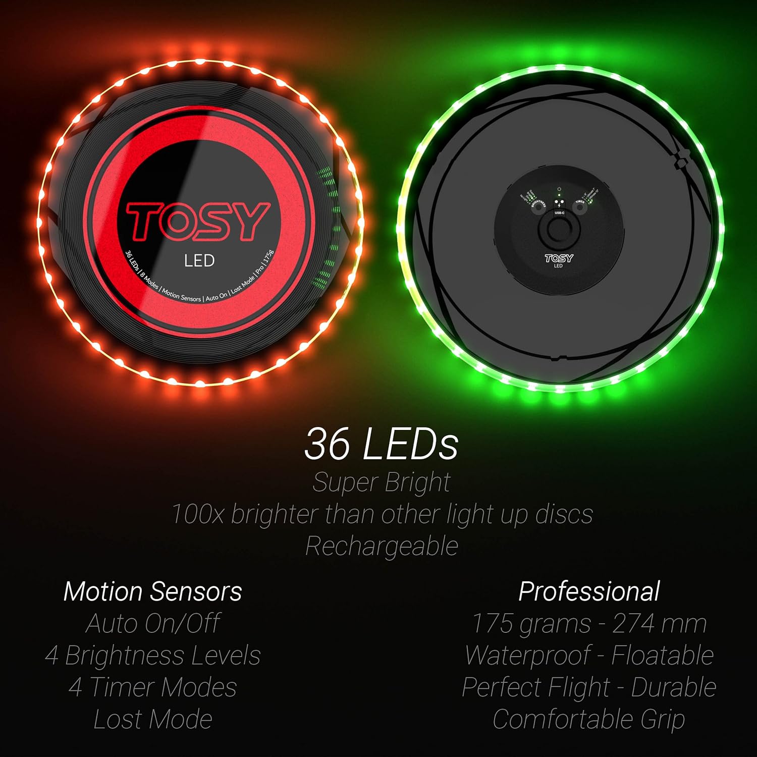 TOSY Flying Disc – 16 millones de colores RGB o 36 o 360 LED, extremadamente brillante, modos inteligentes, luz automática, recargable, regalo de