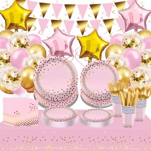 Juego de vajilla desechable de lunares de papel de aluminio dorado rosa para 24 invitados, manteles de globos de papel de aluminio, pancartas con Juego de vajilla desechable de lunares de papel de aluminio dorado rosa para 24 invitados, manteles de globos de papel de aluminio, pancartas con