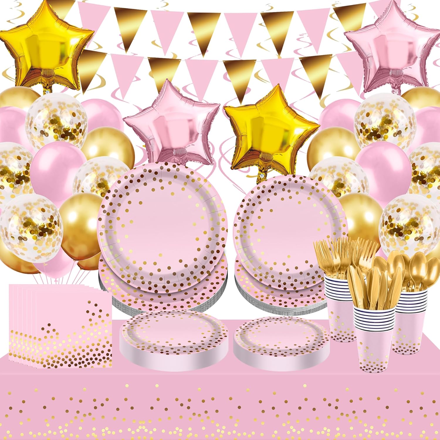 Juego de vajilla desechable de lunares de papel de aluminio dorado rosa para 24 invitados, manteles de globos de papel de aluminio, pancartas con