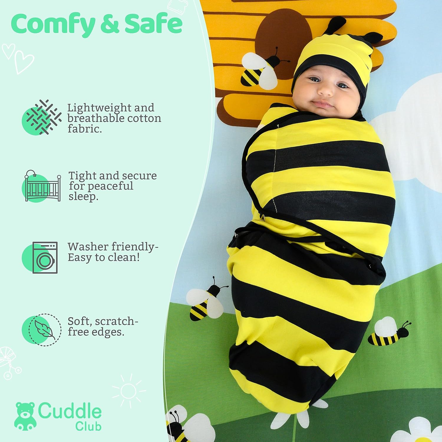 Cuddle Club Manta para bebé  Manta de velcro ajustable 100% algodón para recién nacido, con gorro novedoso