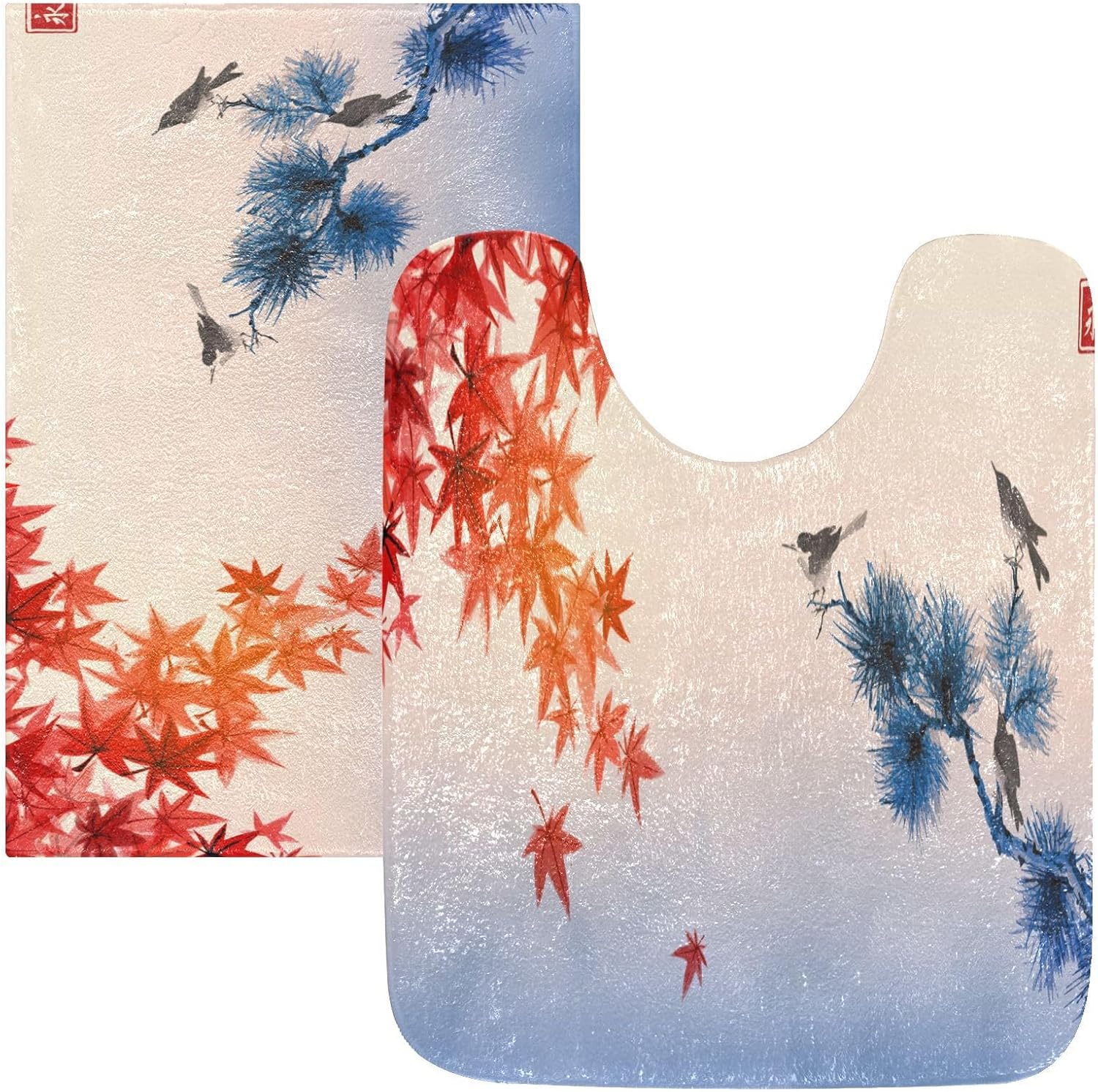 Bathroom Rugs Sets 2 Piece 24×16+24×20 Inch,Soft U-Shaped Contour Toilet Rug Red Maple Leaves Bird Non-Slip Absorbent Bath Floor Mat Carpet Set