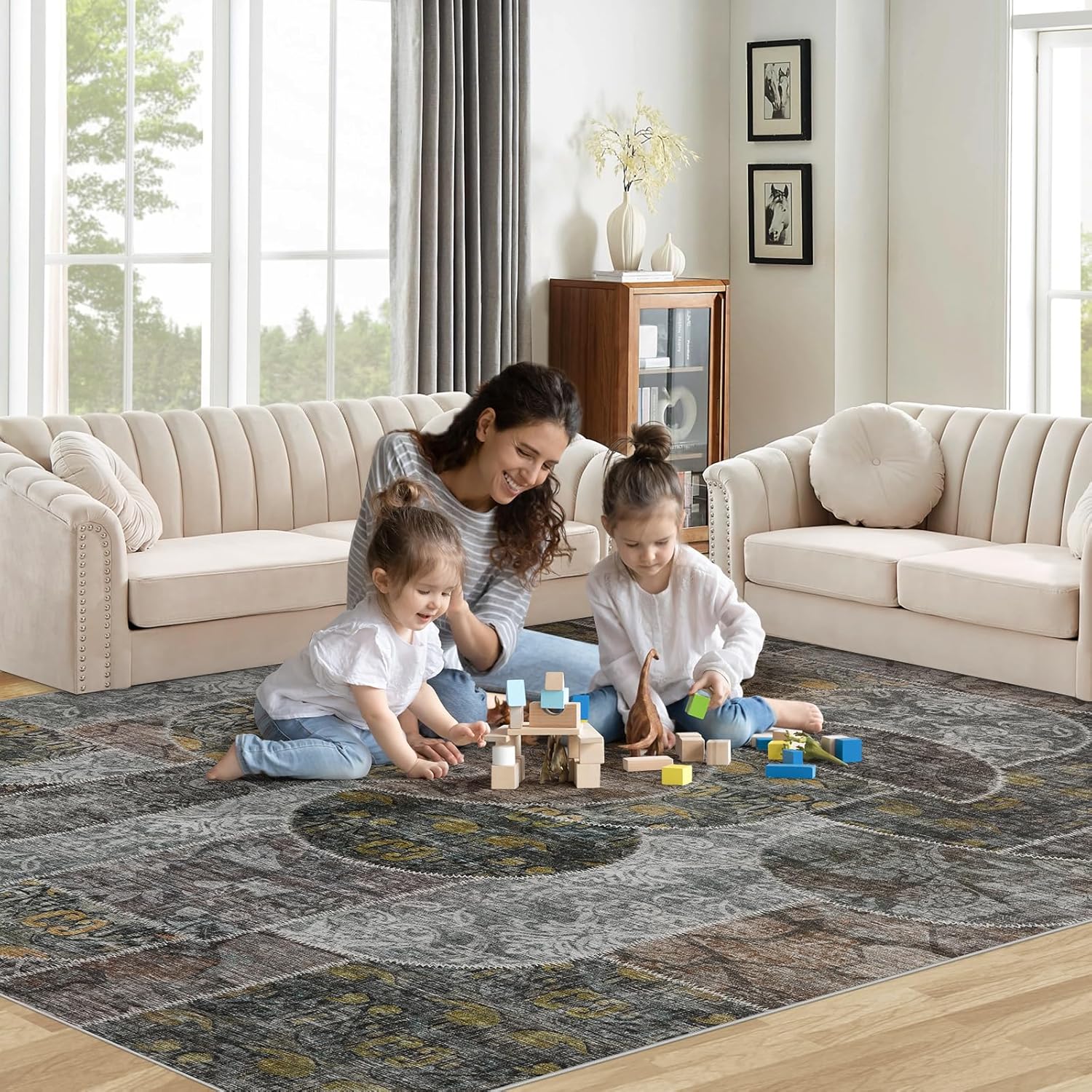 Alfombras de área de 9 x 12 pies para sala de estar, dormitorio, lavable a máquina con respaldo antideslizante de pelo bajo, alfombra suave de área