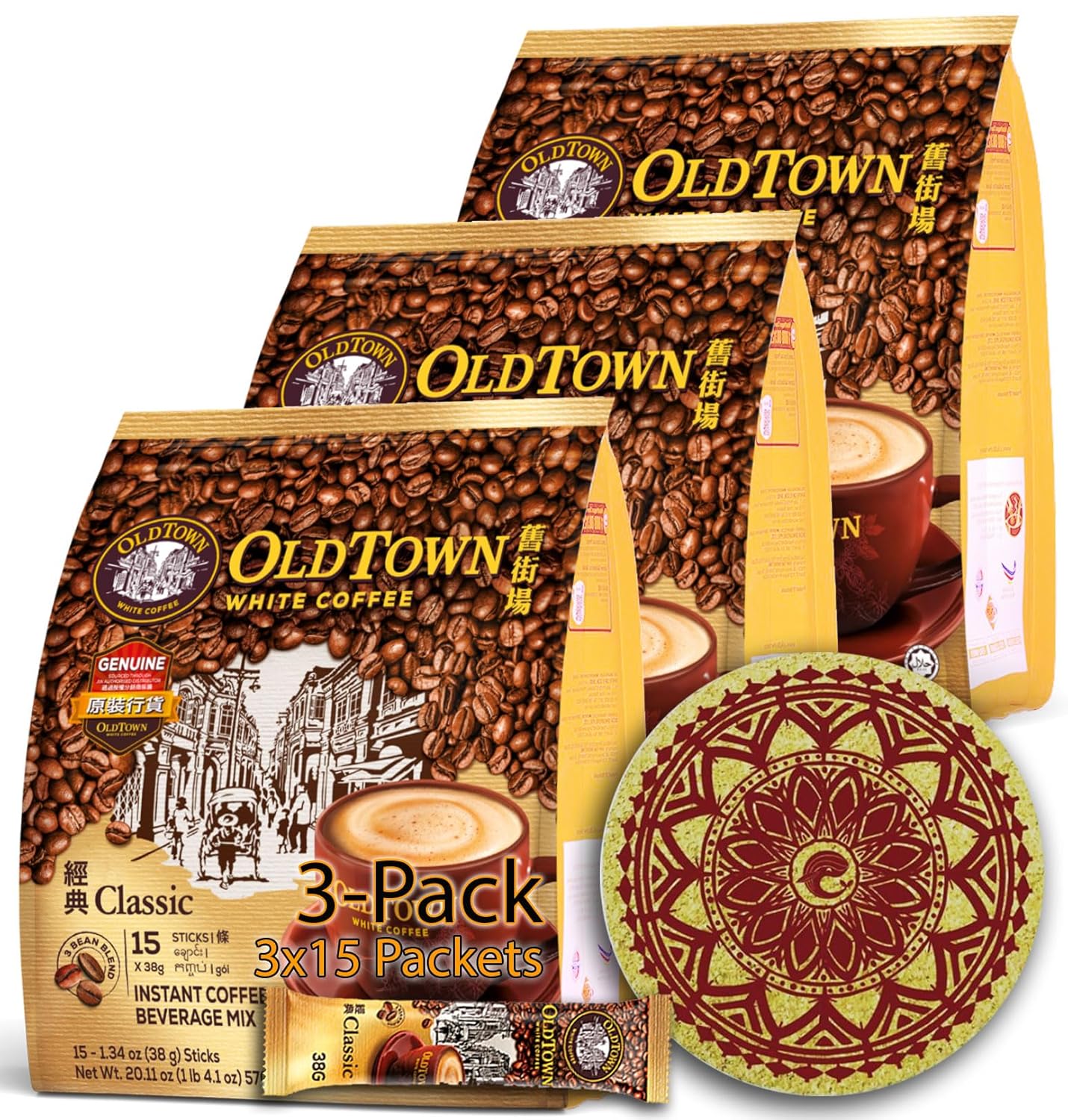 (3 Pack – Classic) OLD TOWN (3 in 1) Classic White Coffee Asian Instant Coffee OLDTOWNZ Eco Friendly Cork Coaster Package, oldtown White Coffee 45