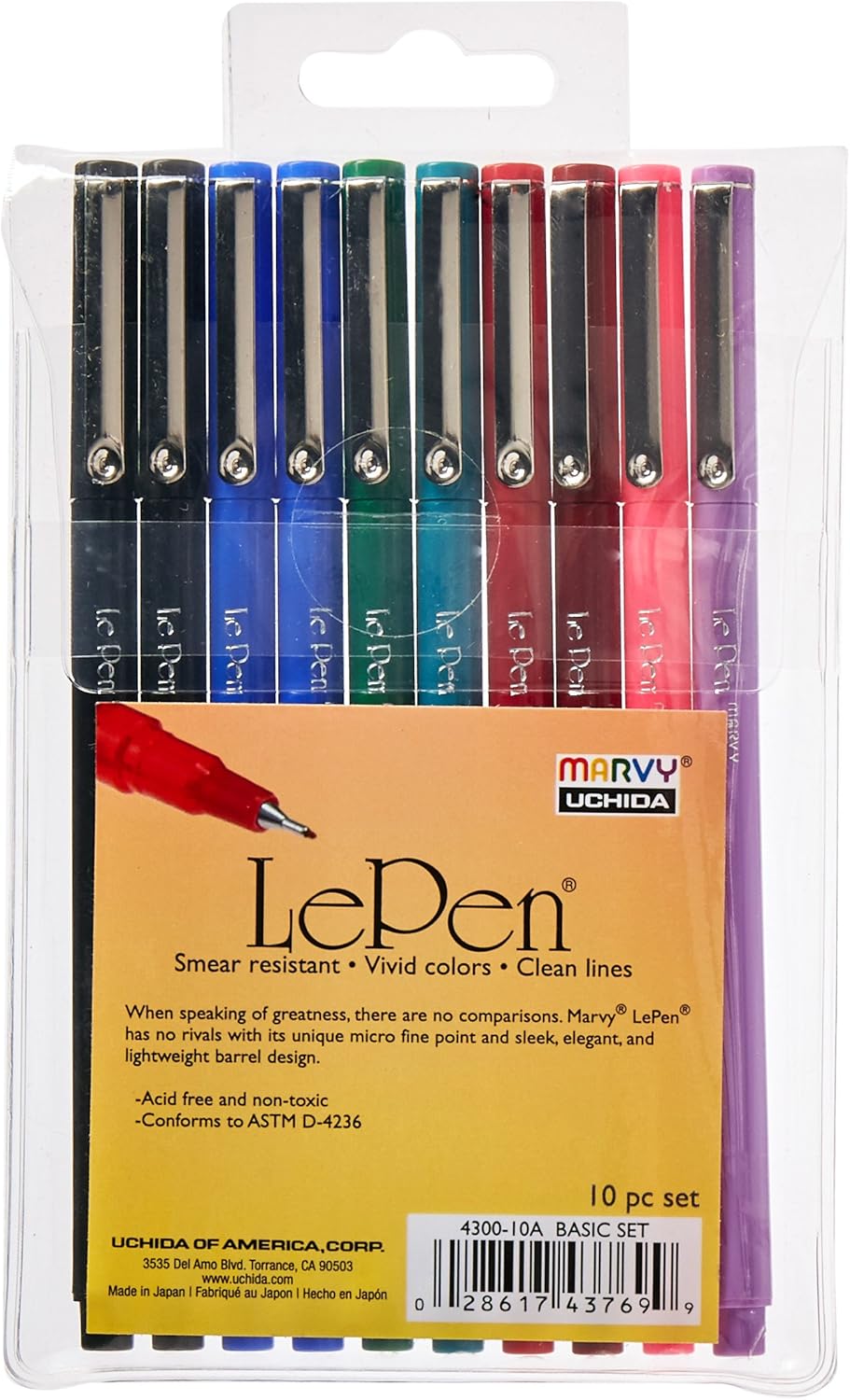Marvy 4300-10A Le Pen. Pluma sin ácidos, no tóxica, de punta fina, varios colores (Paquete de 10)