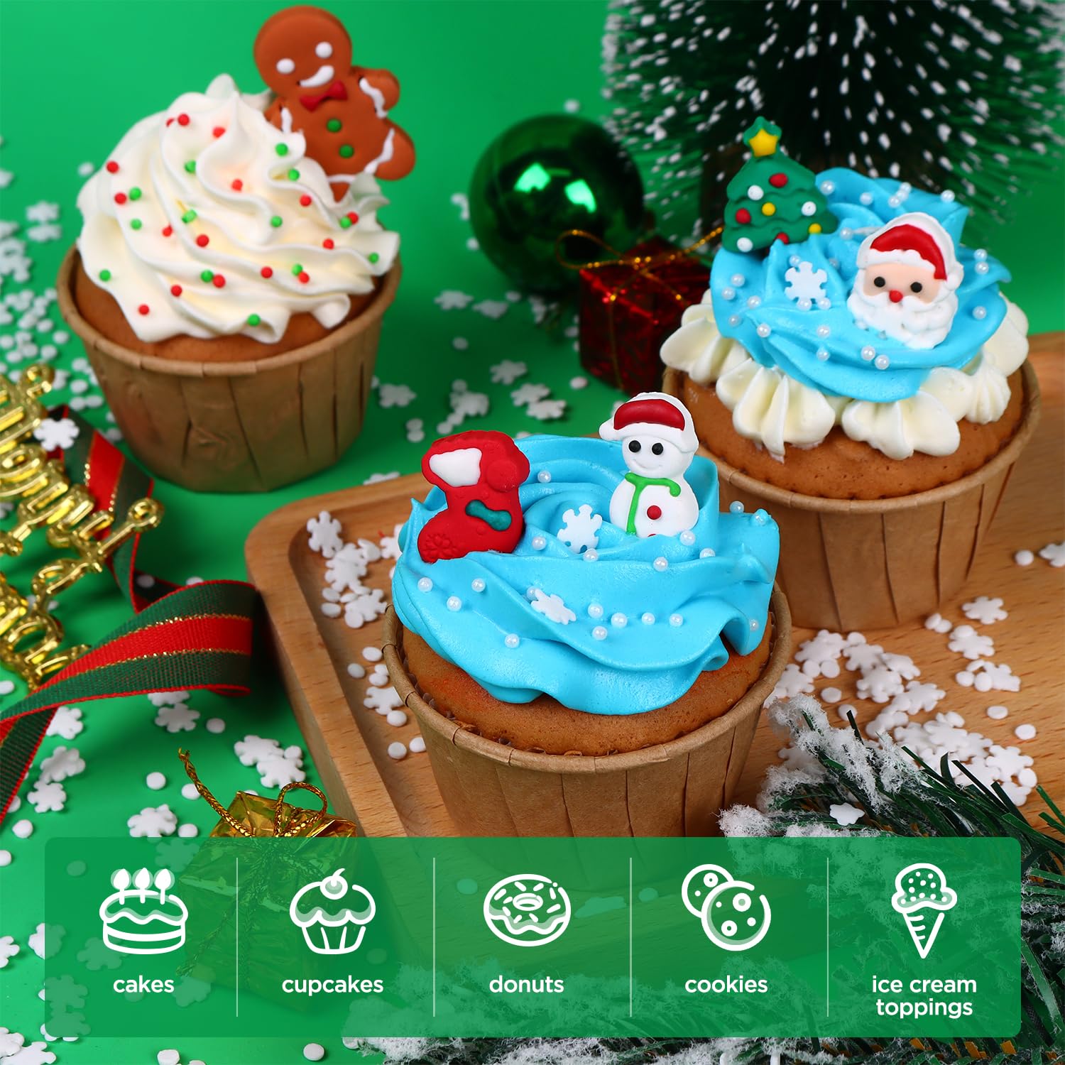 Decoraciones comestibles de galletas de Navidad, hombre de jengibre, árbol de Navidad, Papá Noel, calcetines de Navidad, chispas de muñeco de nieve