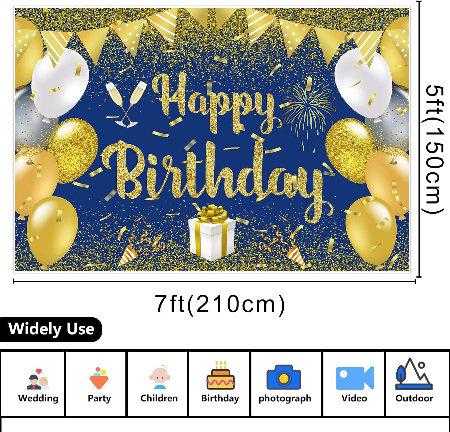 Juego de mantel de fondo de feliz cumpleaños azul dorado con texto en inglés Happy Birthday para decoración de regalo, 7 x 5 pies y mantel de fiesta