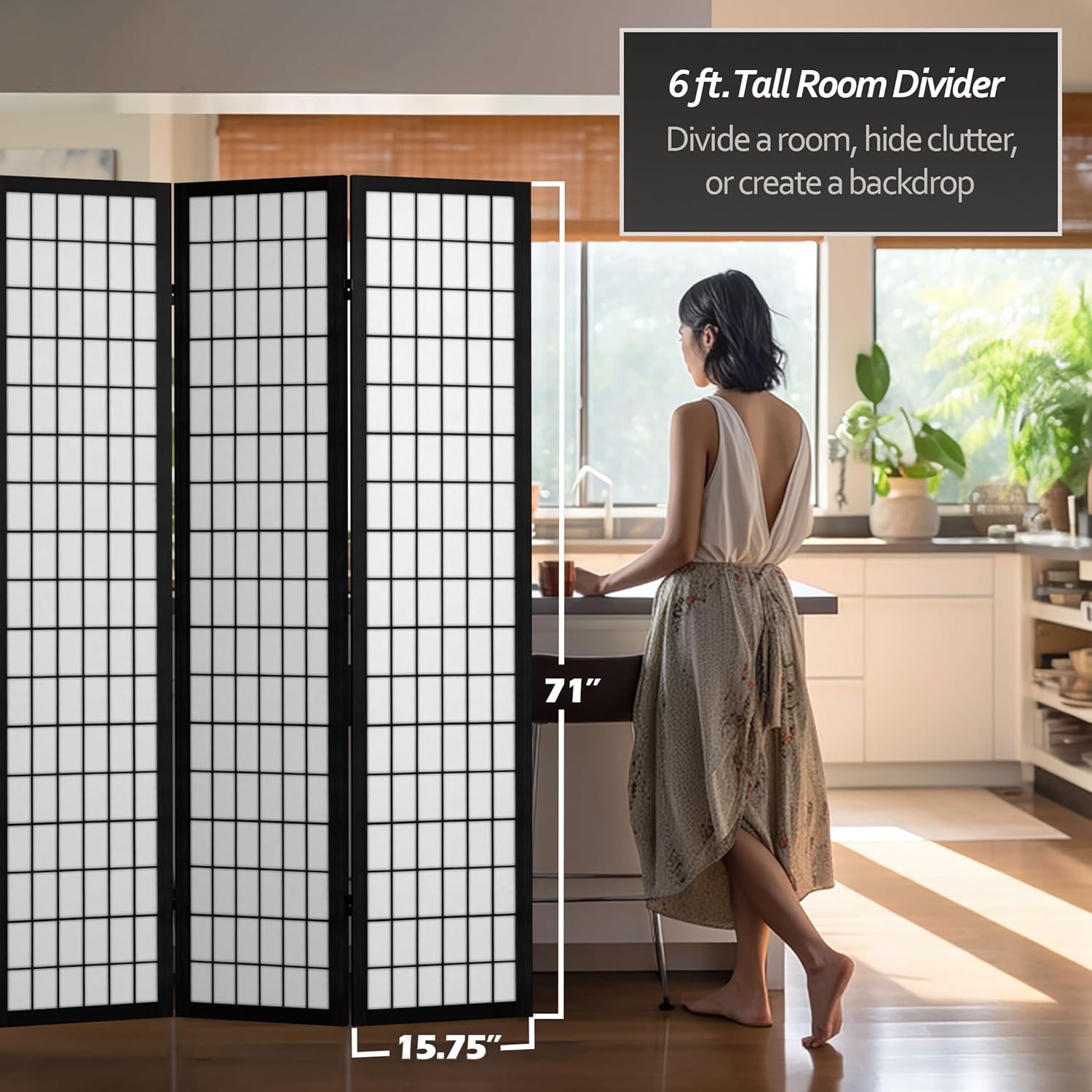 Oriental Furniture – Divisor de habitación de lona para ventana de 6 pies de alto, color negro, 3 paneles